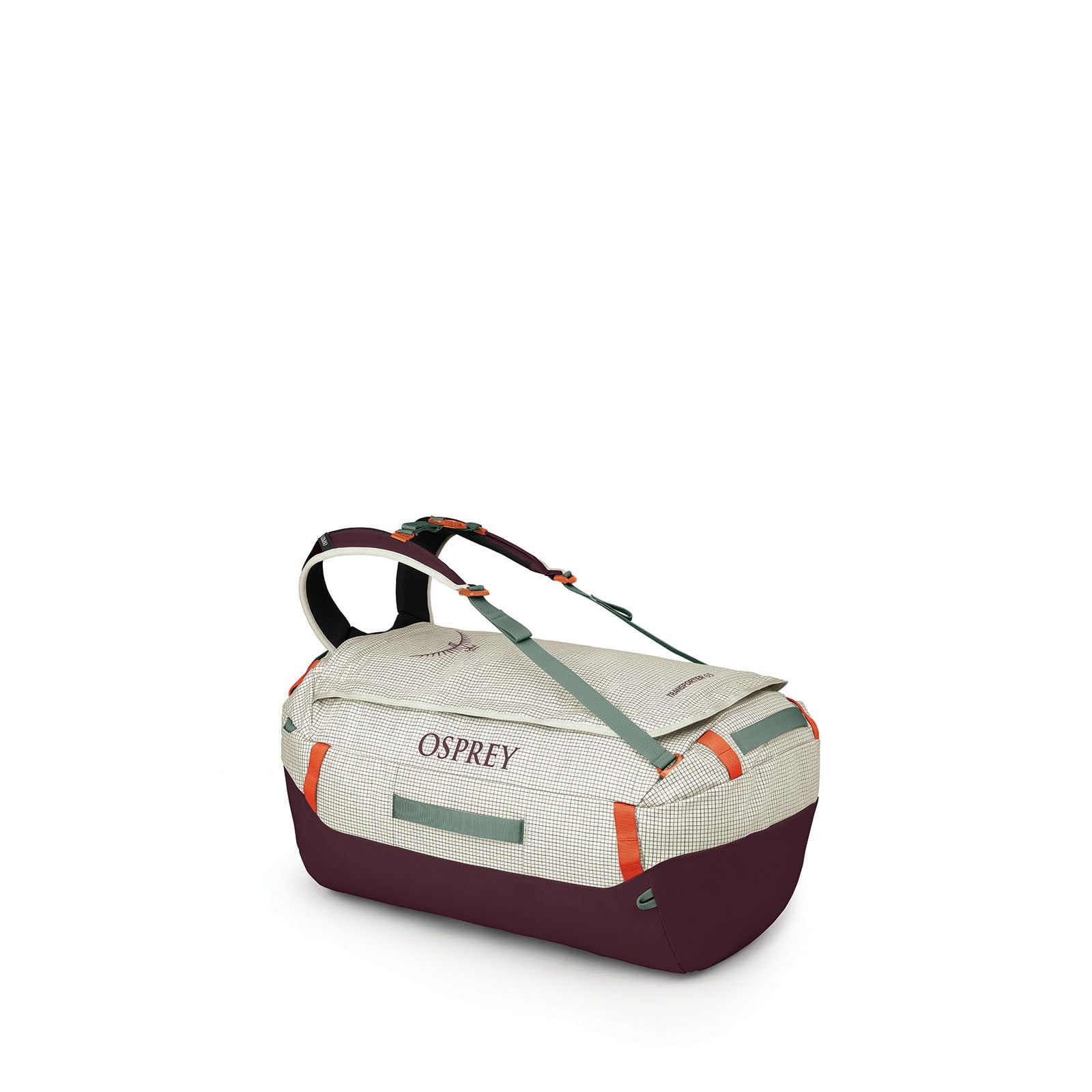 Osprey Transporter 65L Expedition Duffel in Mystery White-Moody Burgundy — front view # color_Mystery White-Moody Burgundy