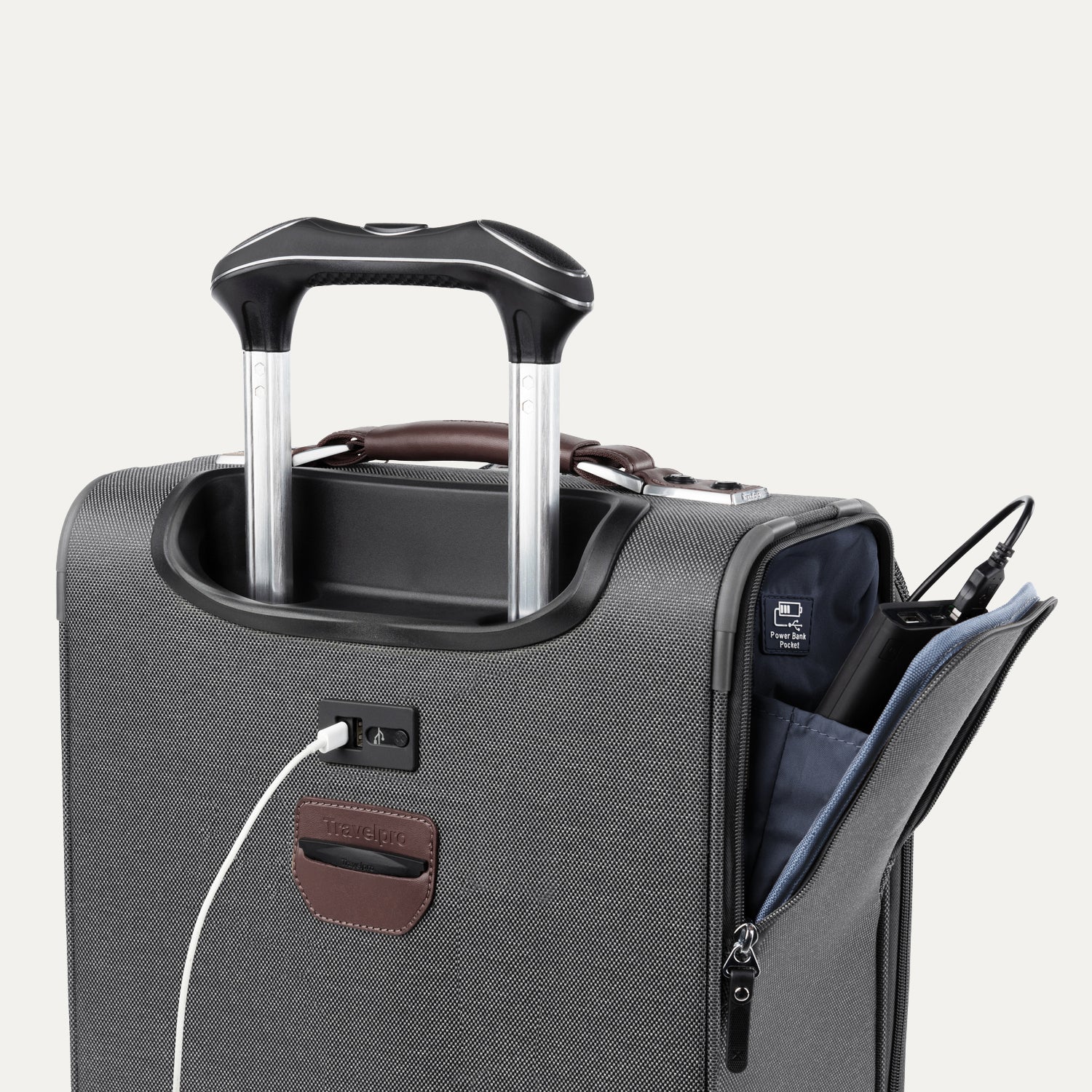 Travelpro Platinum Elite Carry-On Spinner Tote in Vintage Grey — detail view