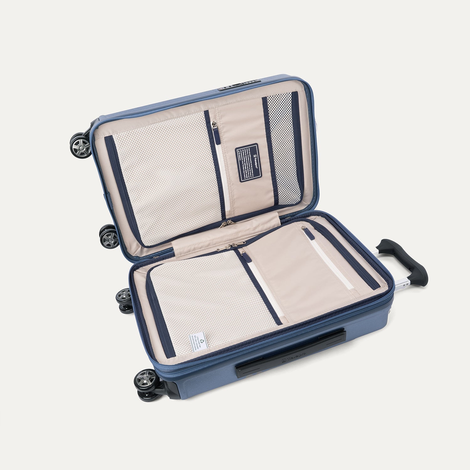 Travelpro Platinum Elite Hardside Compact Carry-On Expandable Spinner in Dark Sky Blue — interior view