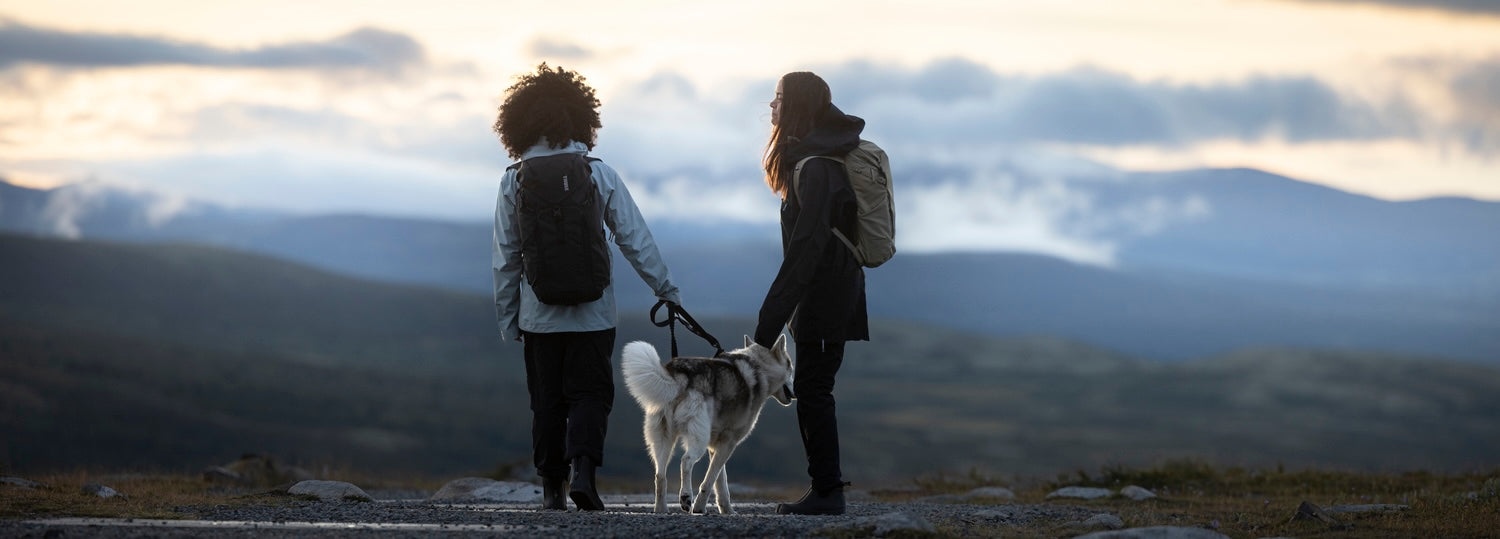 Two travelers hiking with backpacks and a husky dog along a mountain trail at sunset with scenic cloud-covered views.