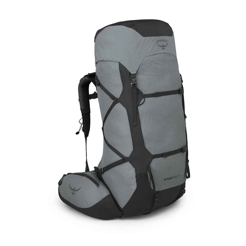 Osprey Aether Pro 75 Hiking Backpack 75L in Silver Lining — front view