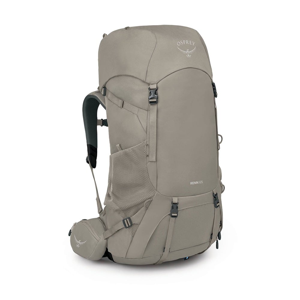 Osprey Renn 65 Backpacking Pack 65L in Pediment Grey/Linen Tan — angle view 2