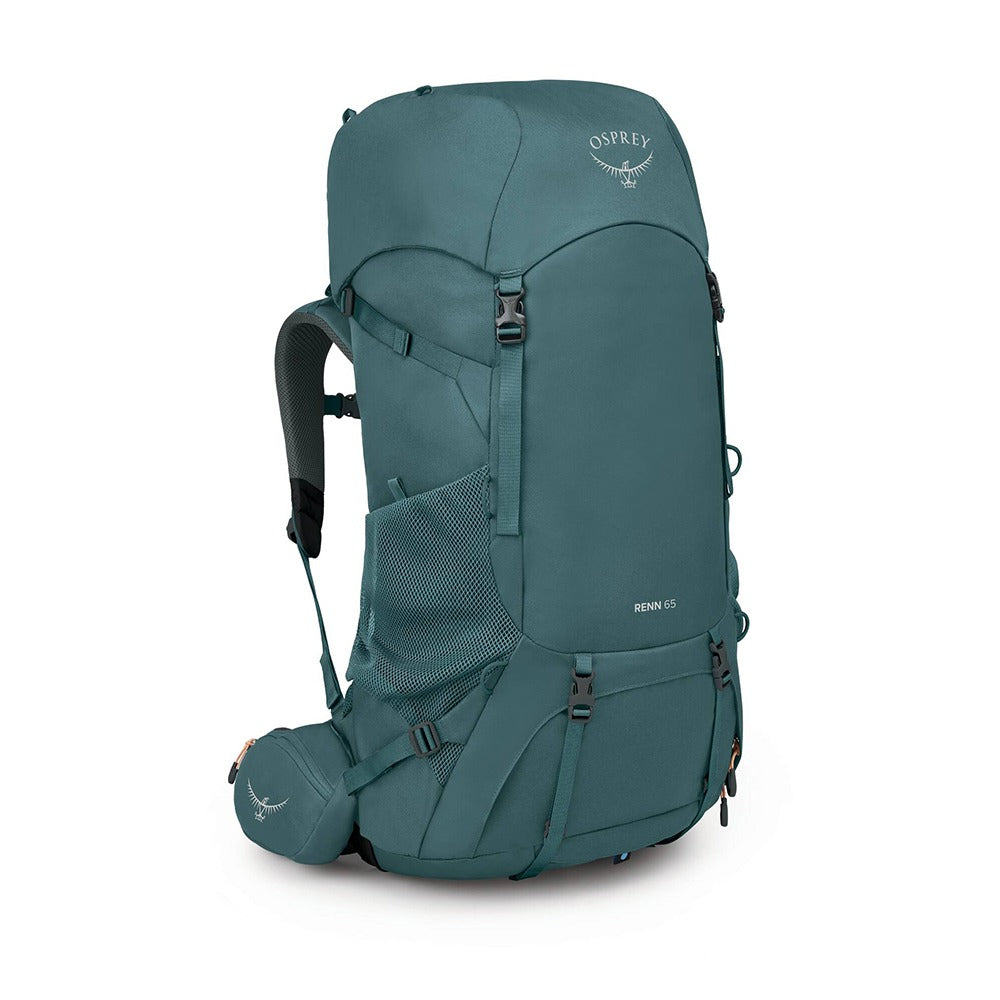Osprey Renn 65 Backpacking Pack 65L in Cascade Blue/Melon Orange — angle view 2