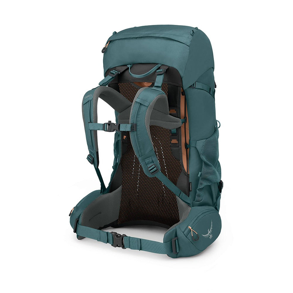 Osprey Renn 65 Backpacking Pack 65L in Cascade Blue/Melon Orange — back view