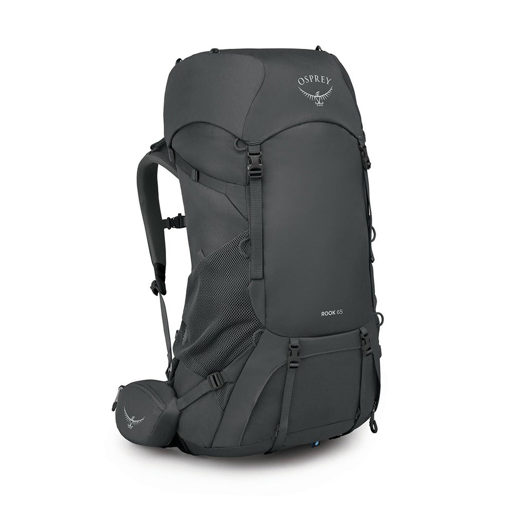Osprey Rook 65 Extended Fit Backpacking Pack 65L in Dark Charcoal/Silver Lining — angle view 2