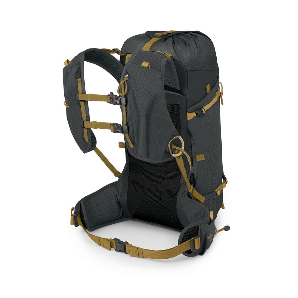 Osprey Talon Velocity 20 Hiking Backpack 20L in Dark Charcoal Tumbleweed Yellow — angle view 9