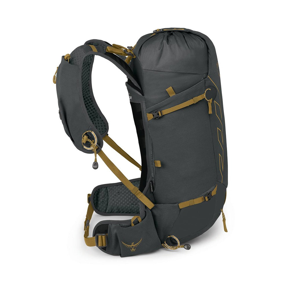 Osprey Talon Velocity 20 Hiking Backpack 20L in Dark Charcoal Tumbleweed Yellow — angle view 8