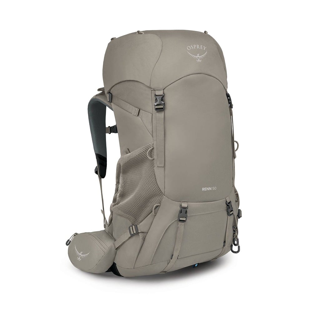 Osprey Renn 50 Women's Backpacking Pack 50L in Pediment Grey/Linen Tan — angle view 2