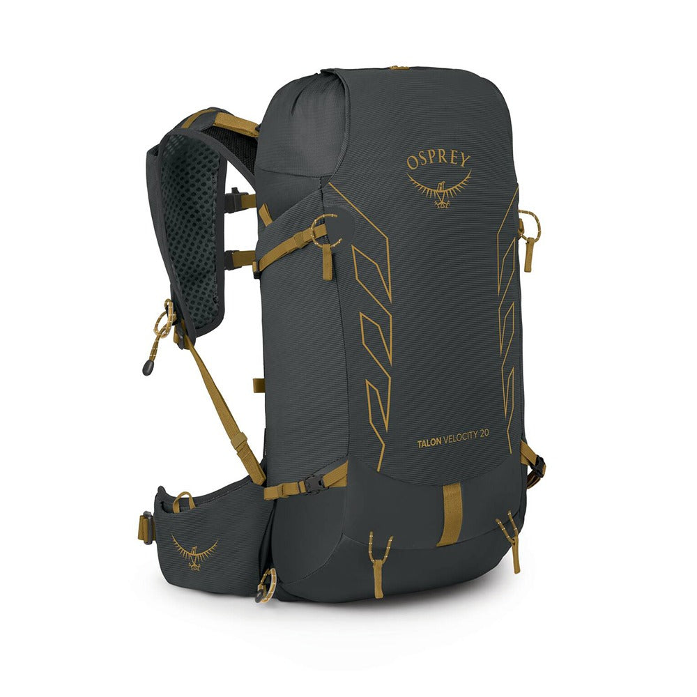 Osprey Talon Velocity 20 Hiking Backpack 20L in Dark Charcoal Tumbleweed Yellow — angle view 7