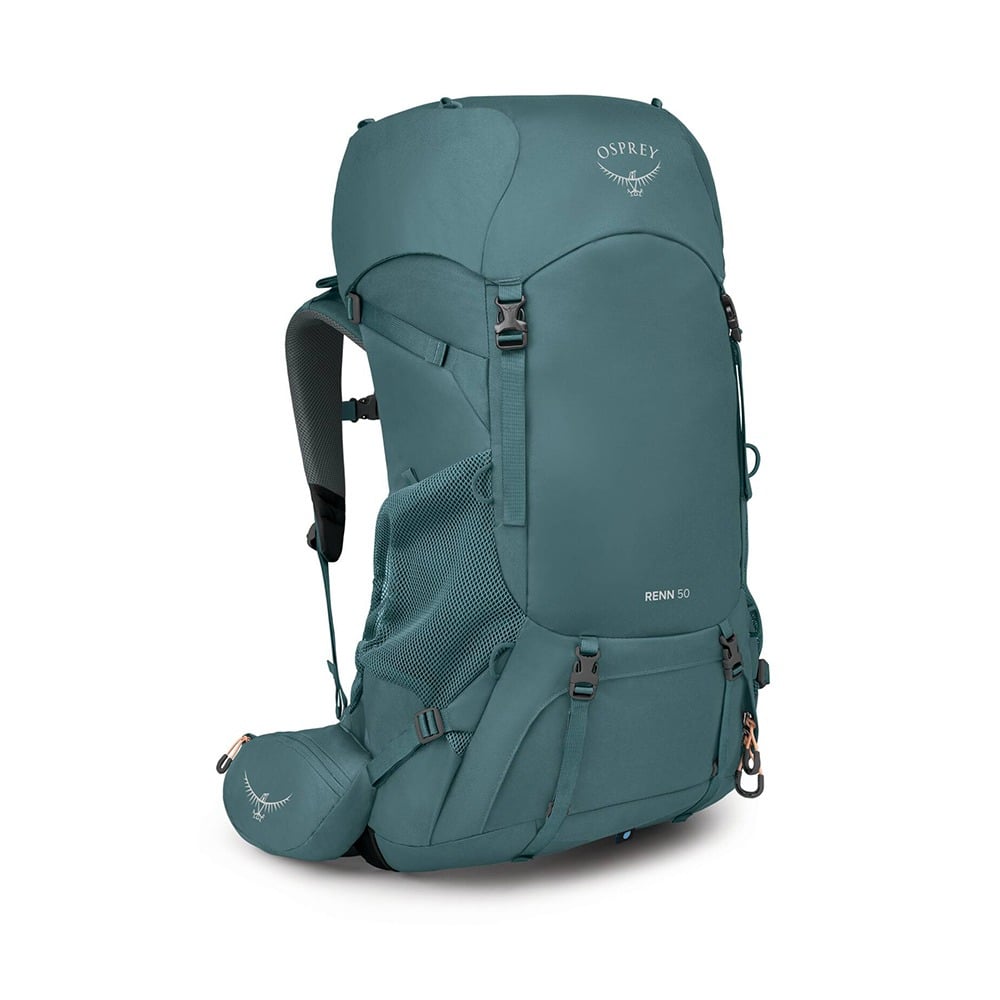 Osprey Renn 50 Women's Backpacking Pack 50L in Cascade Blue/Melon Orange — angle view 2