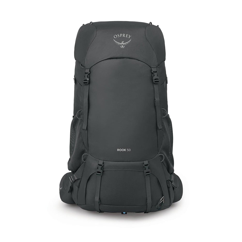 Osprey Rook 50 Backpacking Pack 50L in Dark Charcoal/Silver Lining — front view