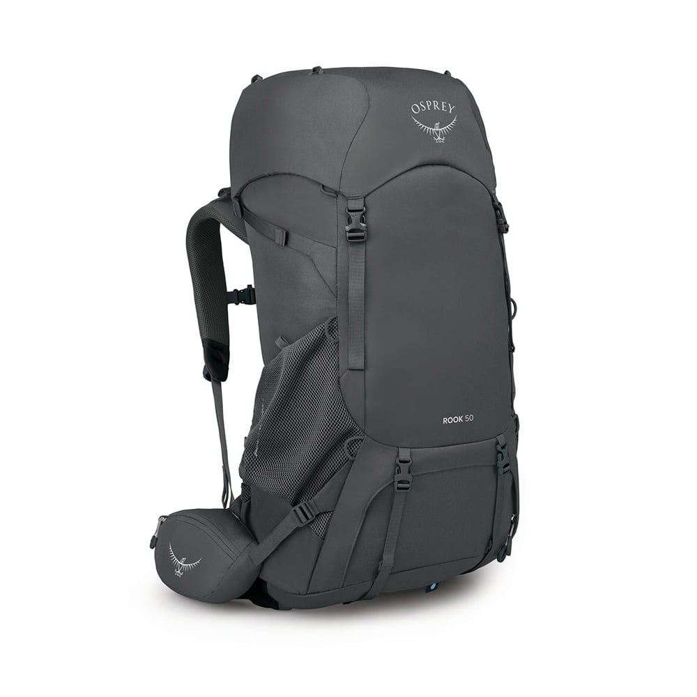Osprey Rook 50 Backpacking Pack 50L in Dark Charcoal/Silver Lining — angle view 2