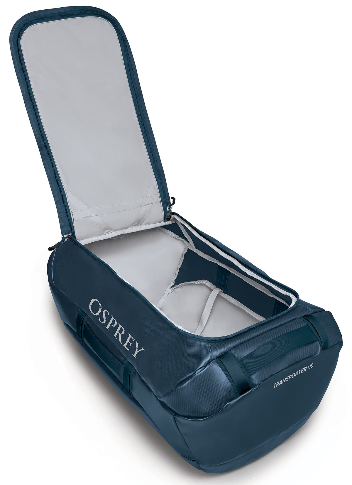 Osprey Transporter 95L Expedition Duffel in Venturi Blue — interior view