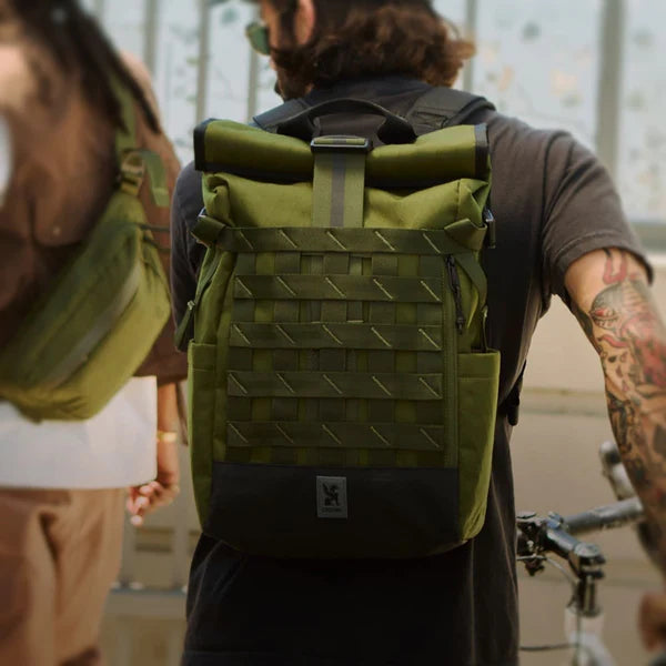 Chrome Industries Barrage 22L backpack – person wearing the backpack, front view