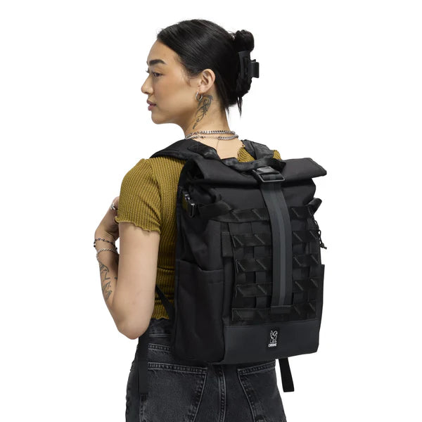 Chrome Industries Barrage 18L backpack – person wearing the backpack on the back
