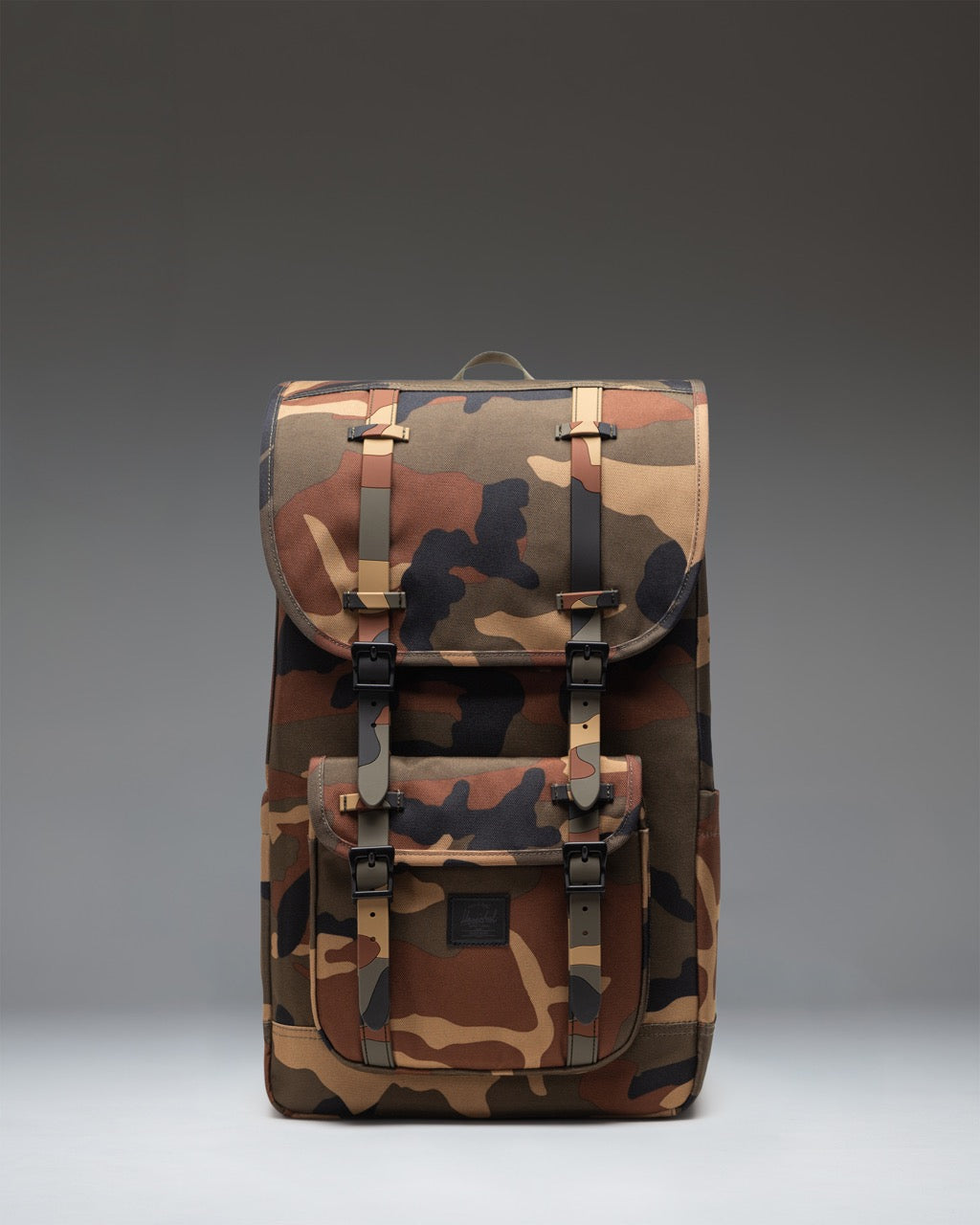 Herschel Little America Backpack 30L in Woodland Camo/Black Label — front view # color_Woodland Camo/Black Label