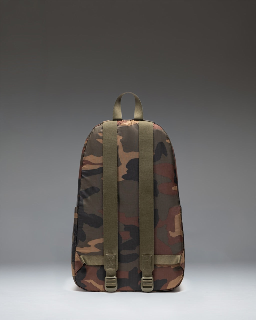 Herschel Rome Packable Backpack 21.5L in Woodland Camo/Black Label — back view # color_Woodland Camo/Black Label