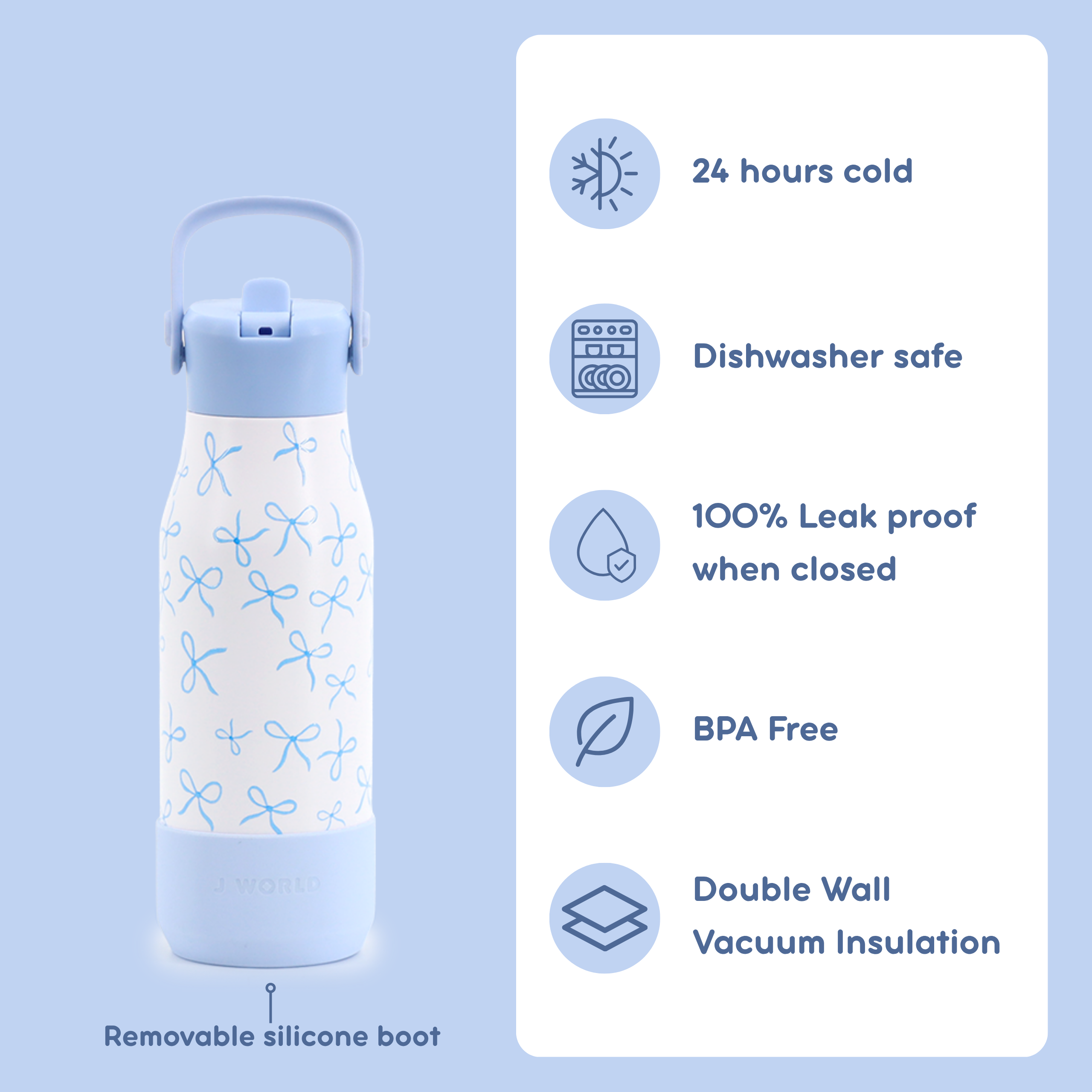 J World Flowee 22oz Insulated Water Bottle in Blue Bows — front view 2 # color_Blue Bows
