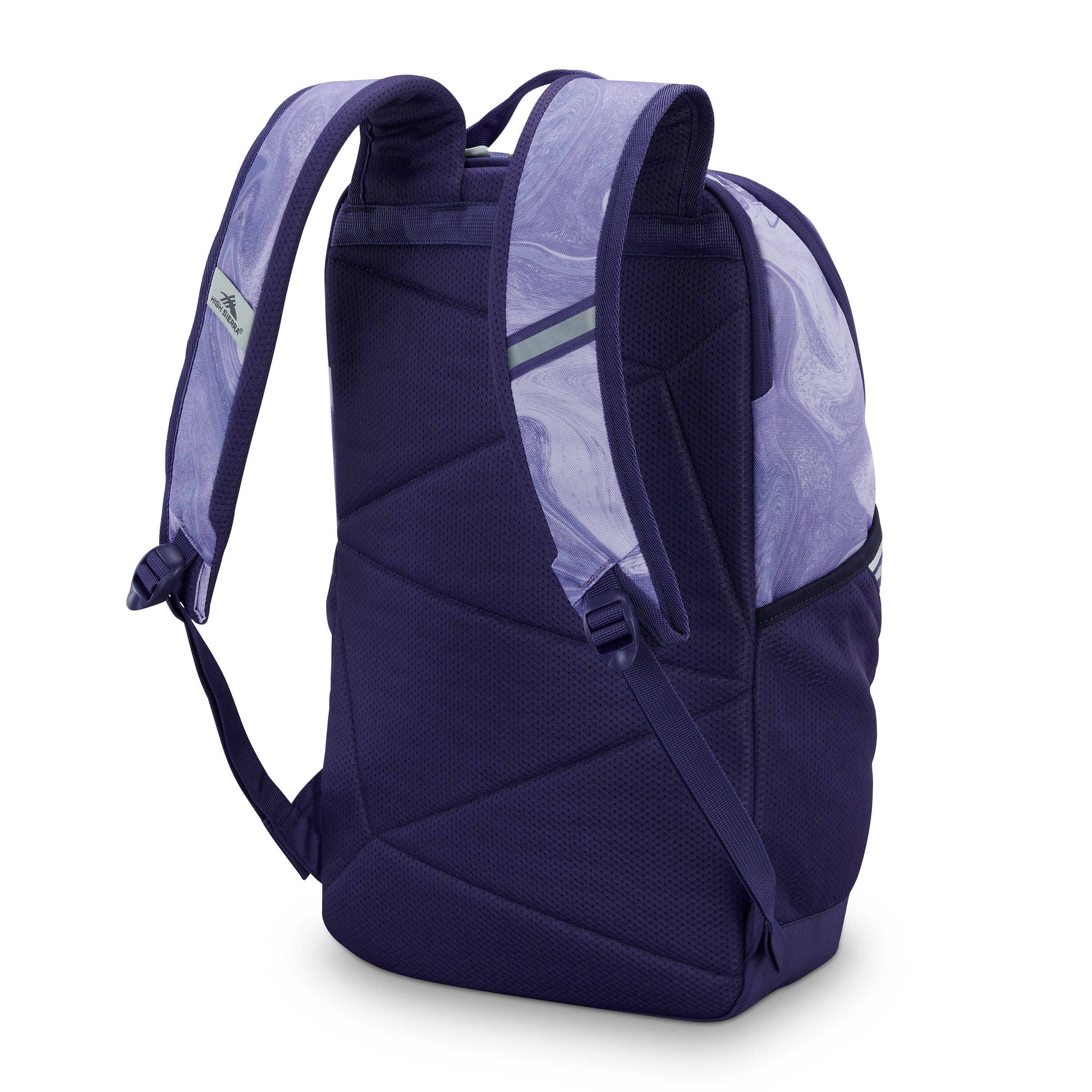 High Sierra Swoop SG Backpack in Purple Marble Swirl — back view # color_Purple Marble Swirl