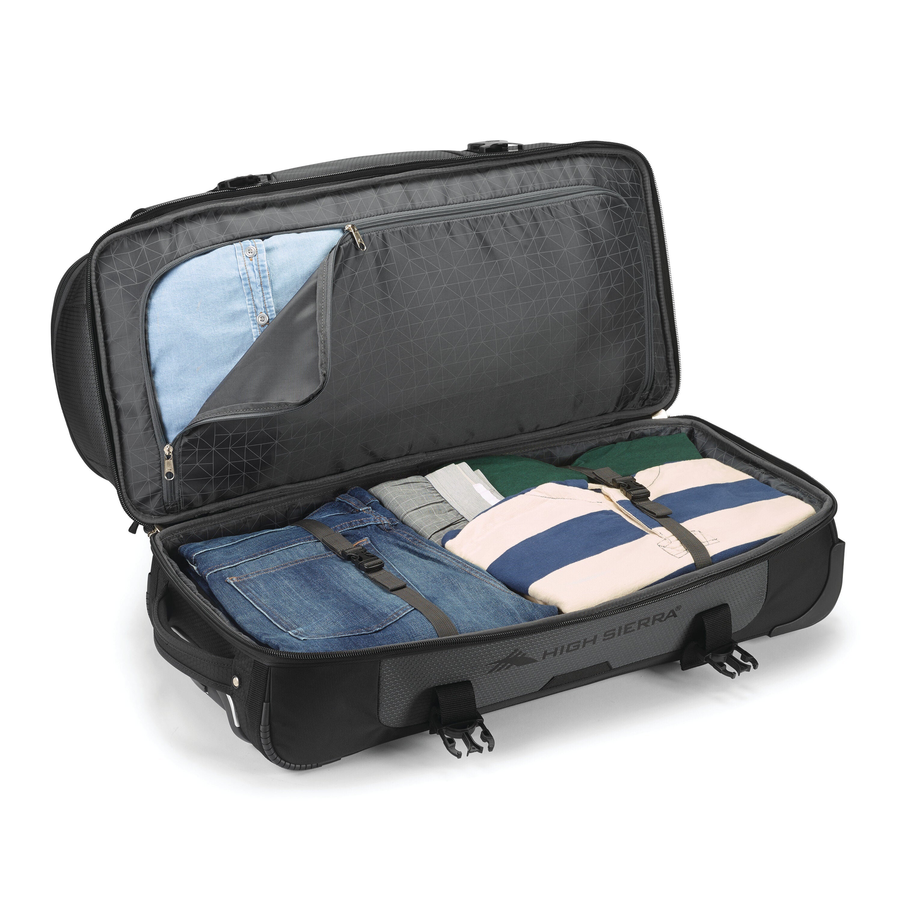 High Sierra Fairlead 22" Drop Bottom Wheeled Duffel in Mercury Black — interior view