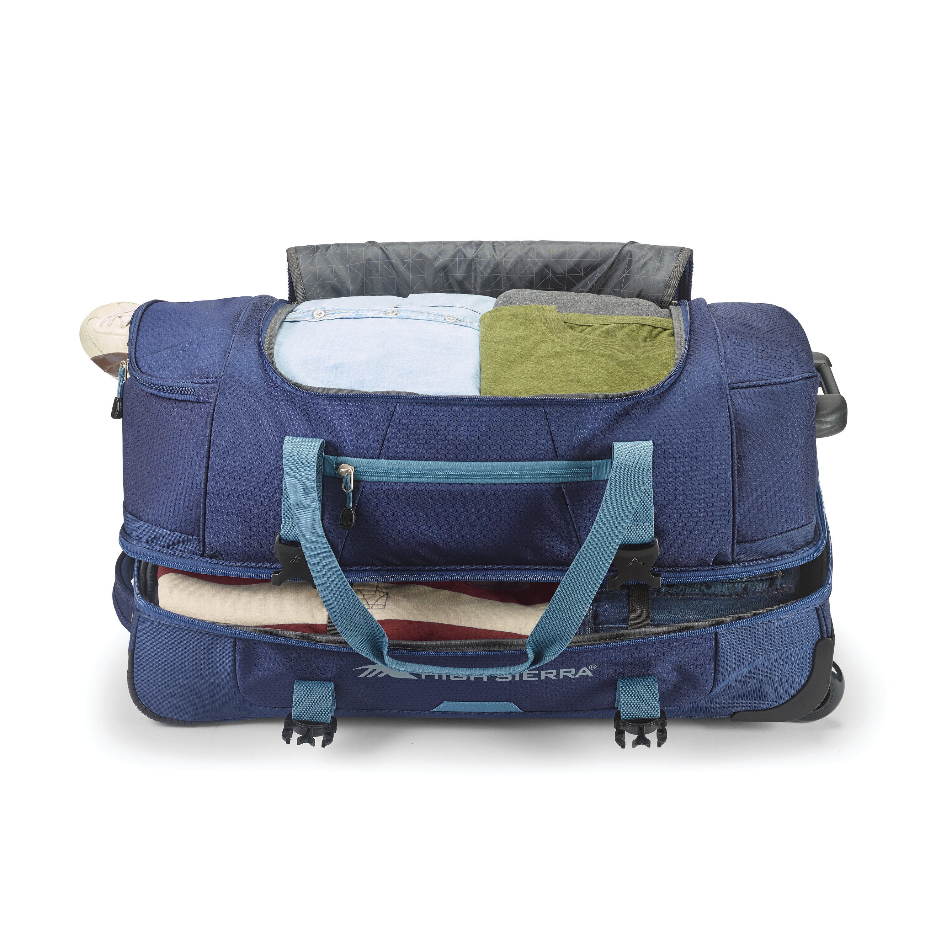 High Sierra Fairlead 22" Drop Bottom Wheeled Duffel in True Navy Graphite Blue — interior view