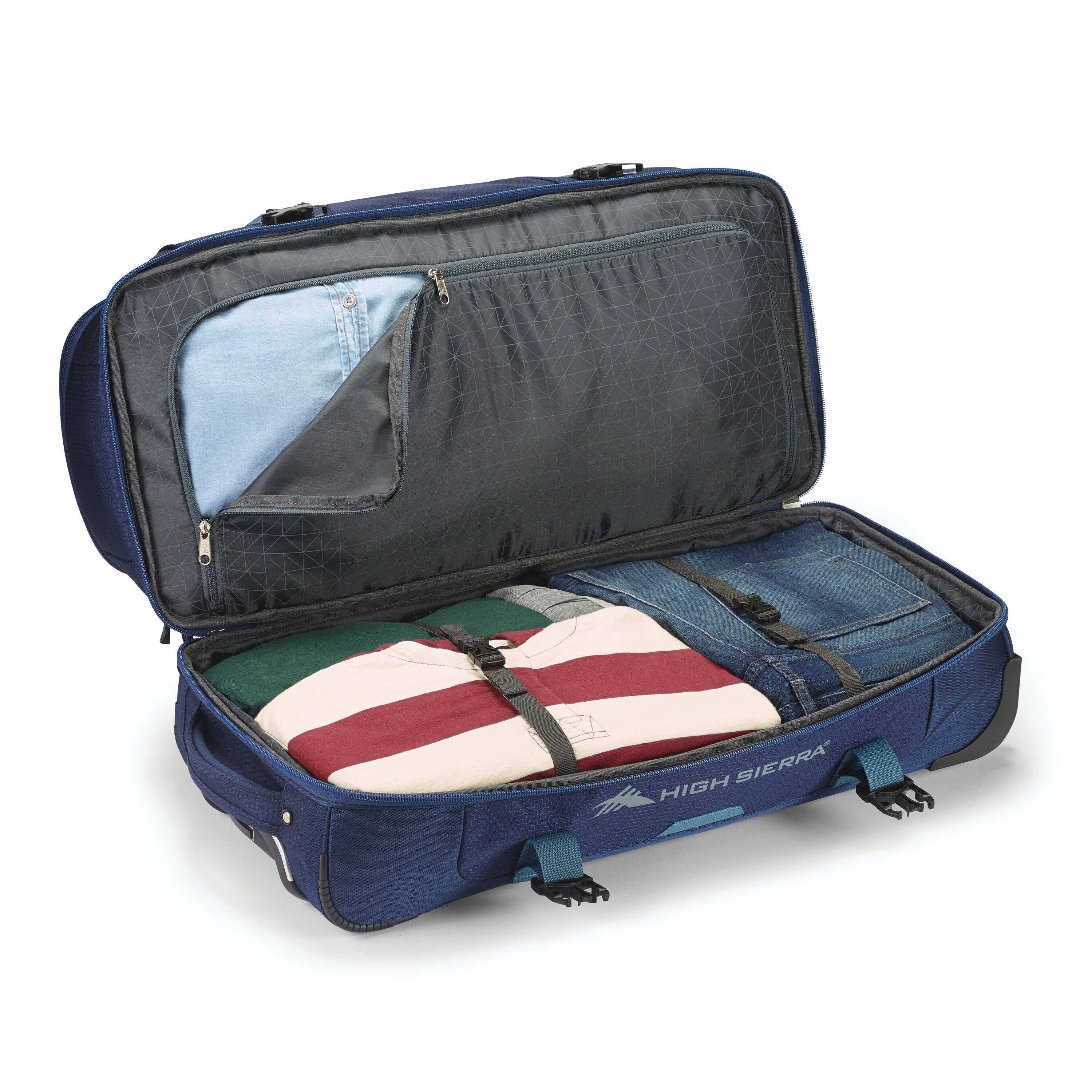 High Sierra Fairlead 28" Drop Bottom Wheeled Duffel in True Navy Graphite Blue — interior view