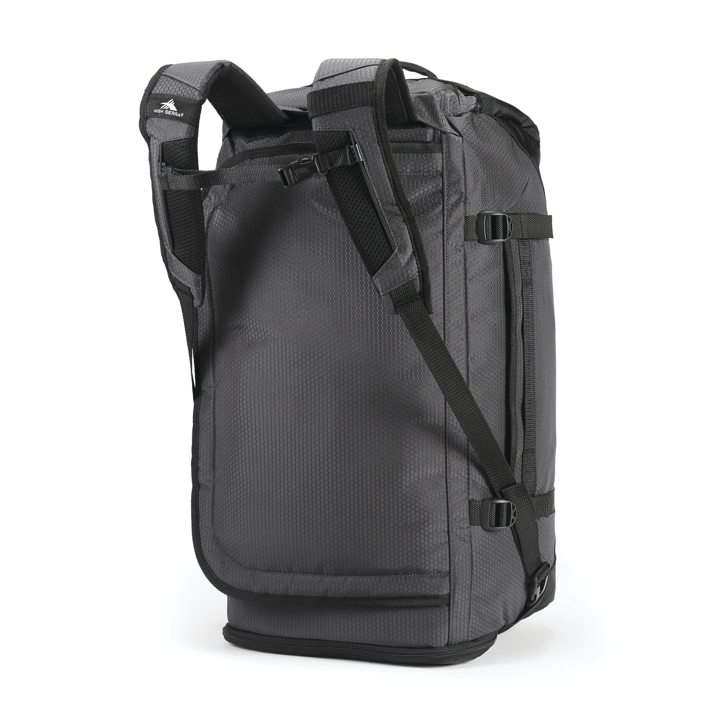 High Sierra Fairlead Travel Duffel Backpack in Mercury Black — back view