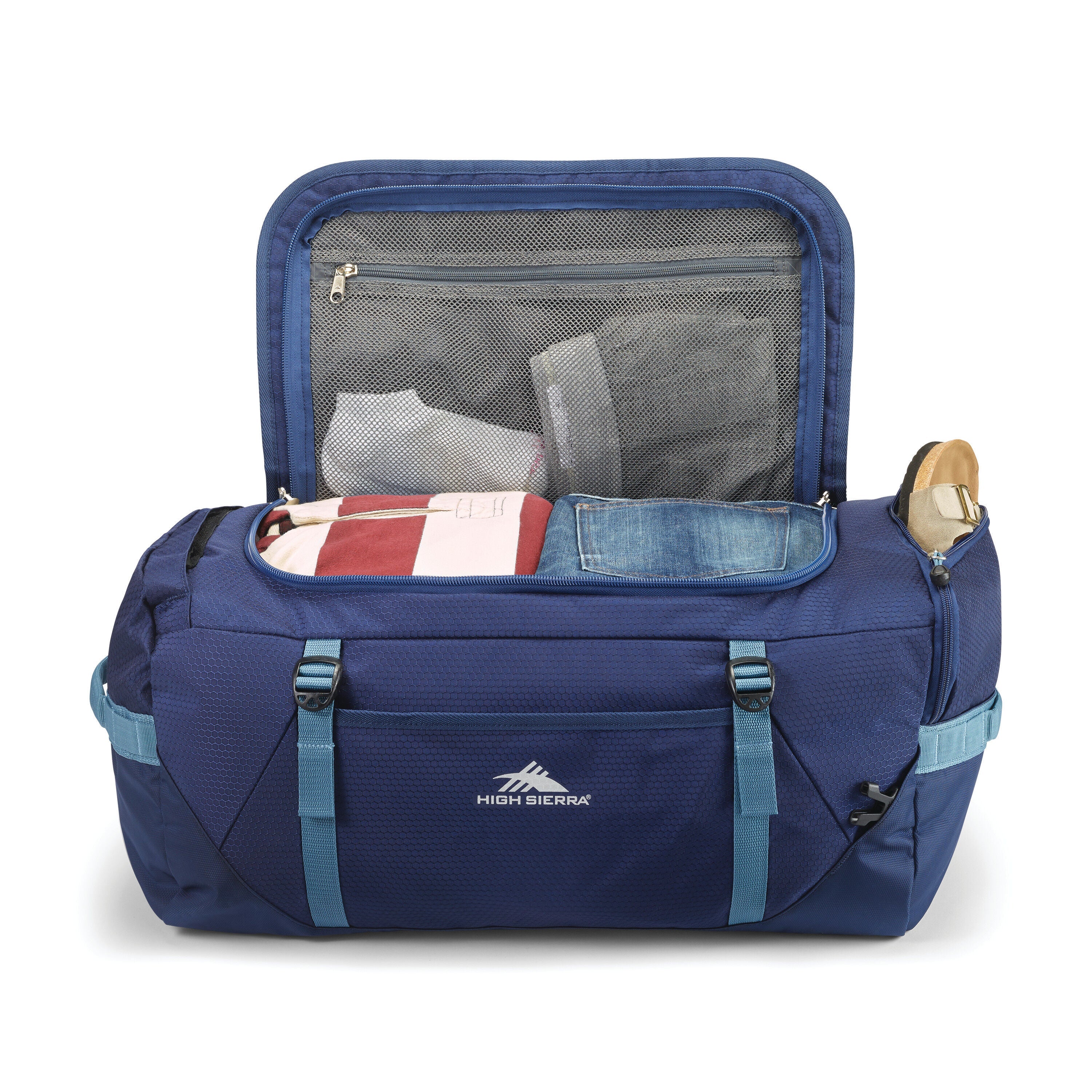 High Sierra Fairlead Travel Duffel Backpack in True Navy Graphite Blue — interior view