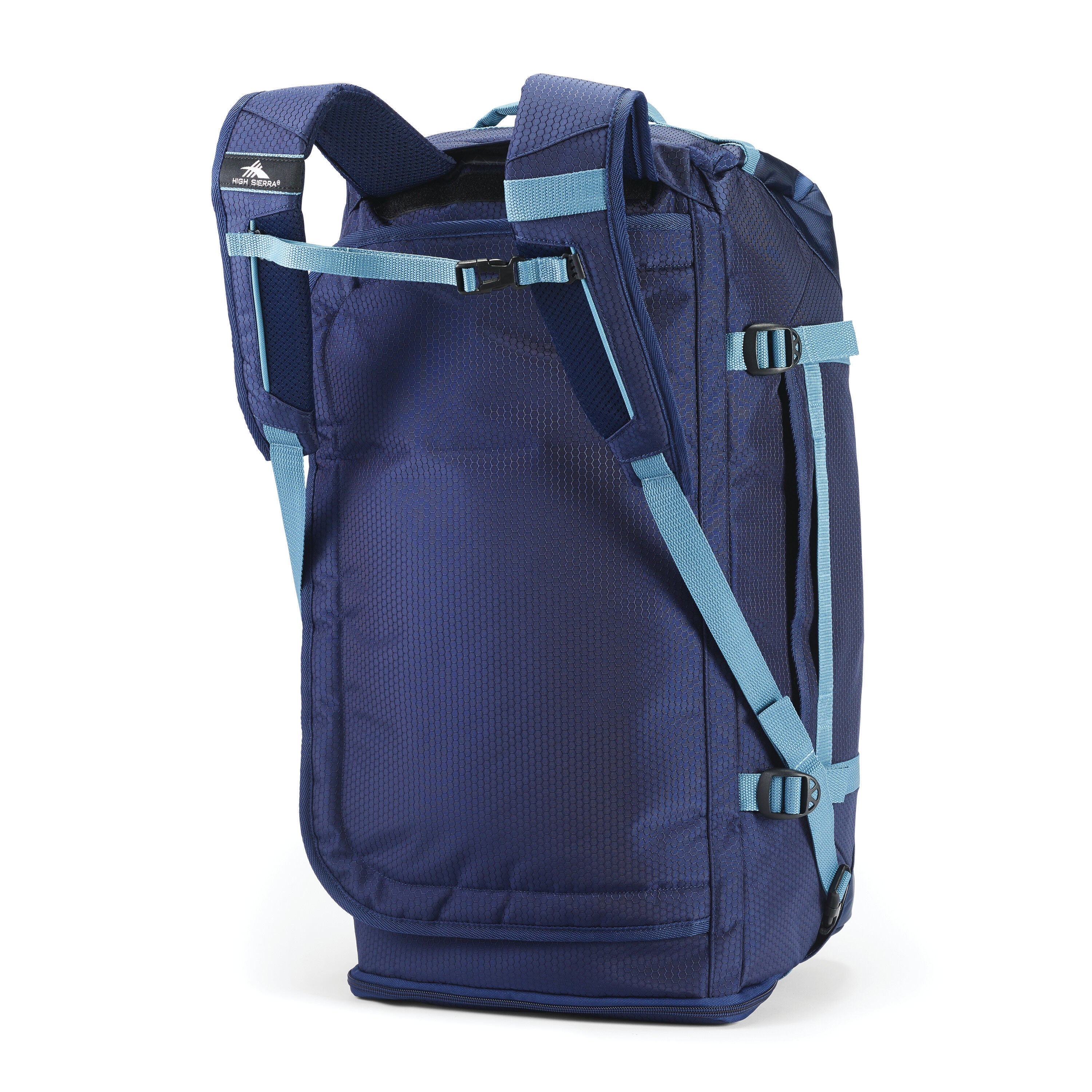 High Sierra Fairlead Travel Duffel Backpack in True Navy Graphite Blue — back view