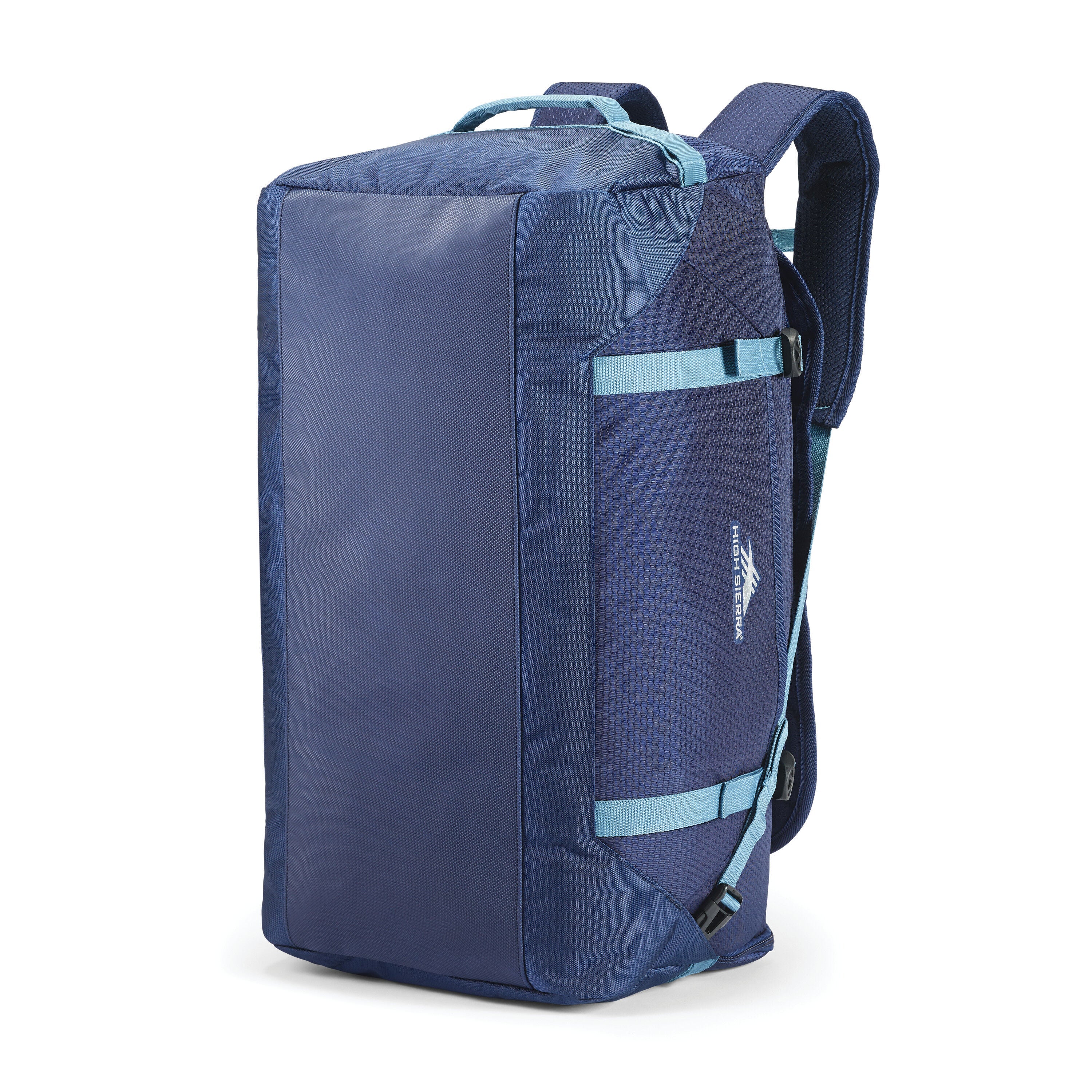 High Sierra Fairlead Travel Duffel Backpack in True Navy Graphite Blue — angle view 1
