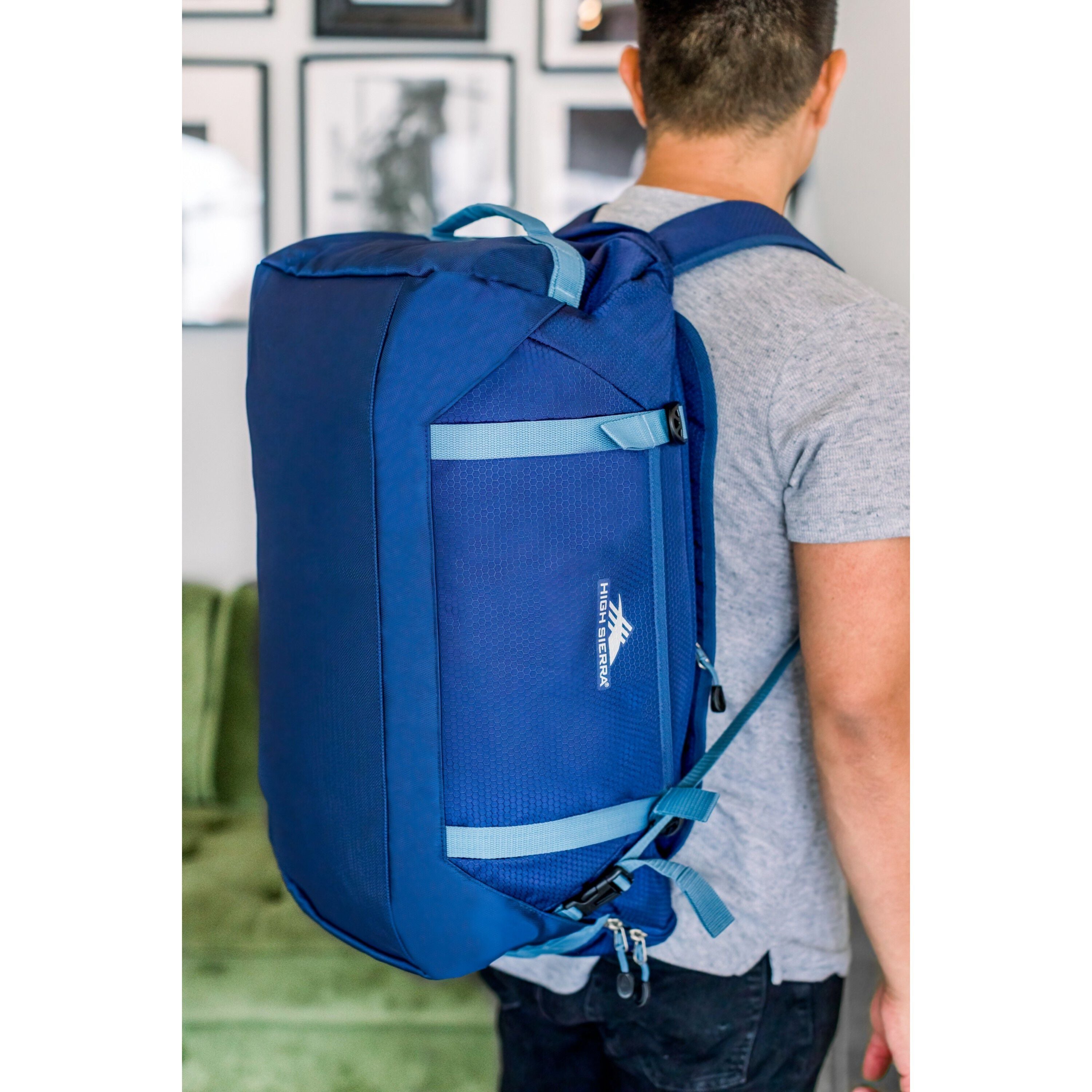 High Sierra Fairlead Travel Duffel Backpack in True Navy Graphite Blue — angle view 4