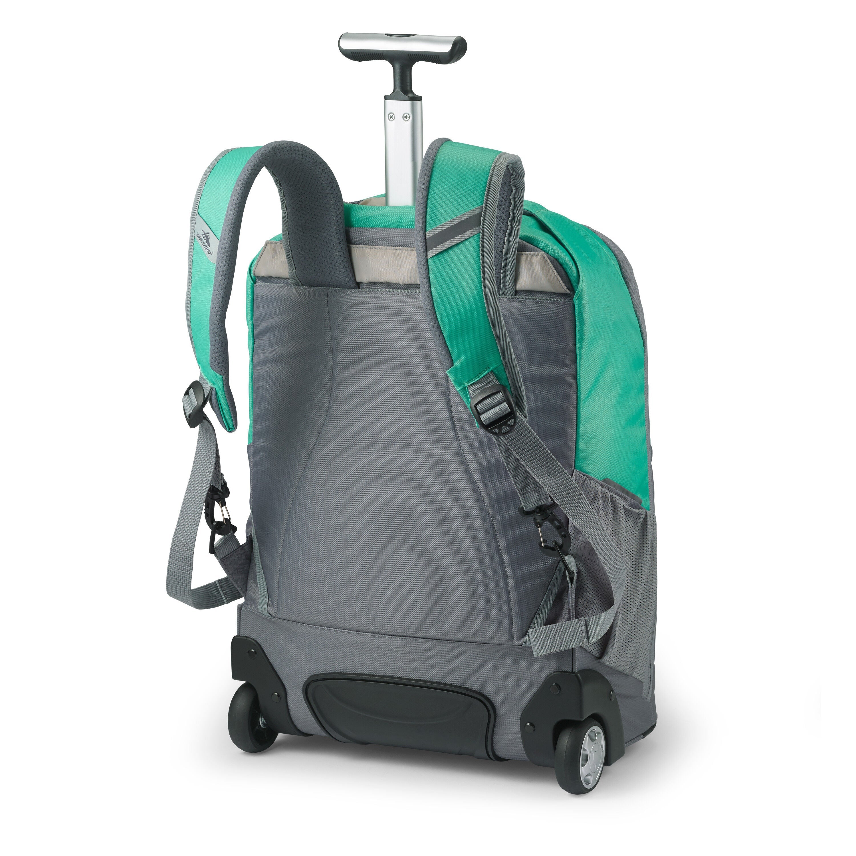 High Sierra Freewheel Pro Wheeled Backpack in Aquamarine White — back view
