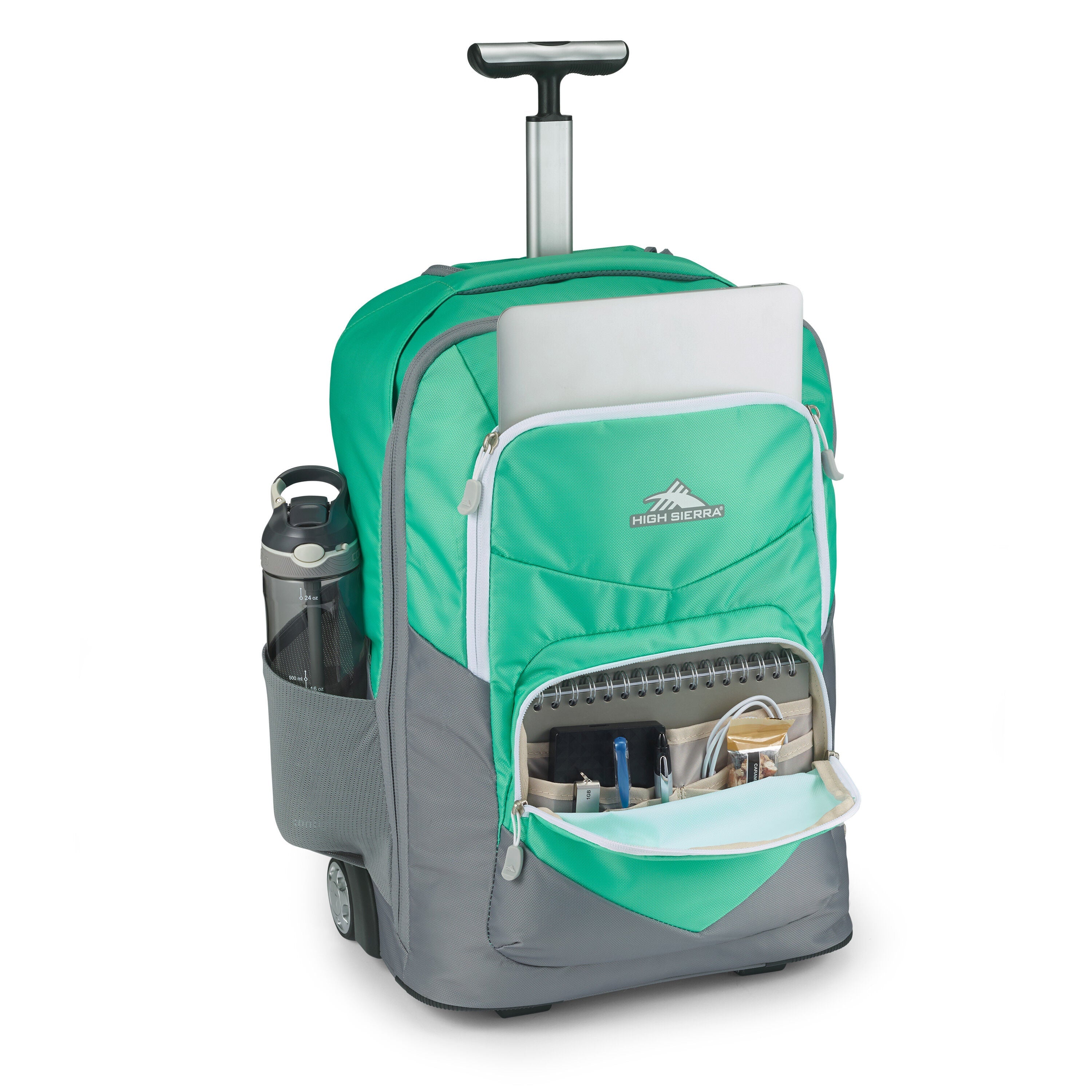 High Sierra Freewheel Pro Wheeled Backpack in Aquamarine White — angle view 1