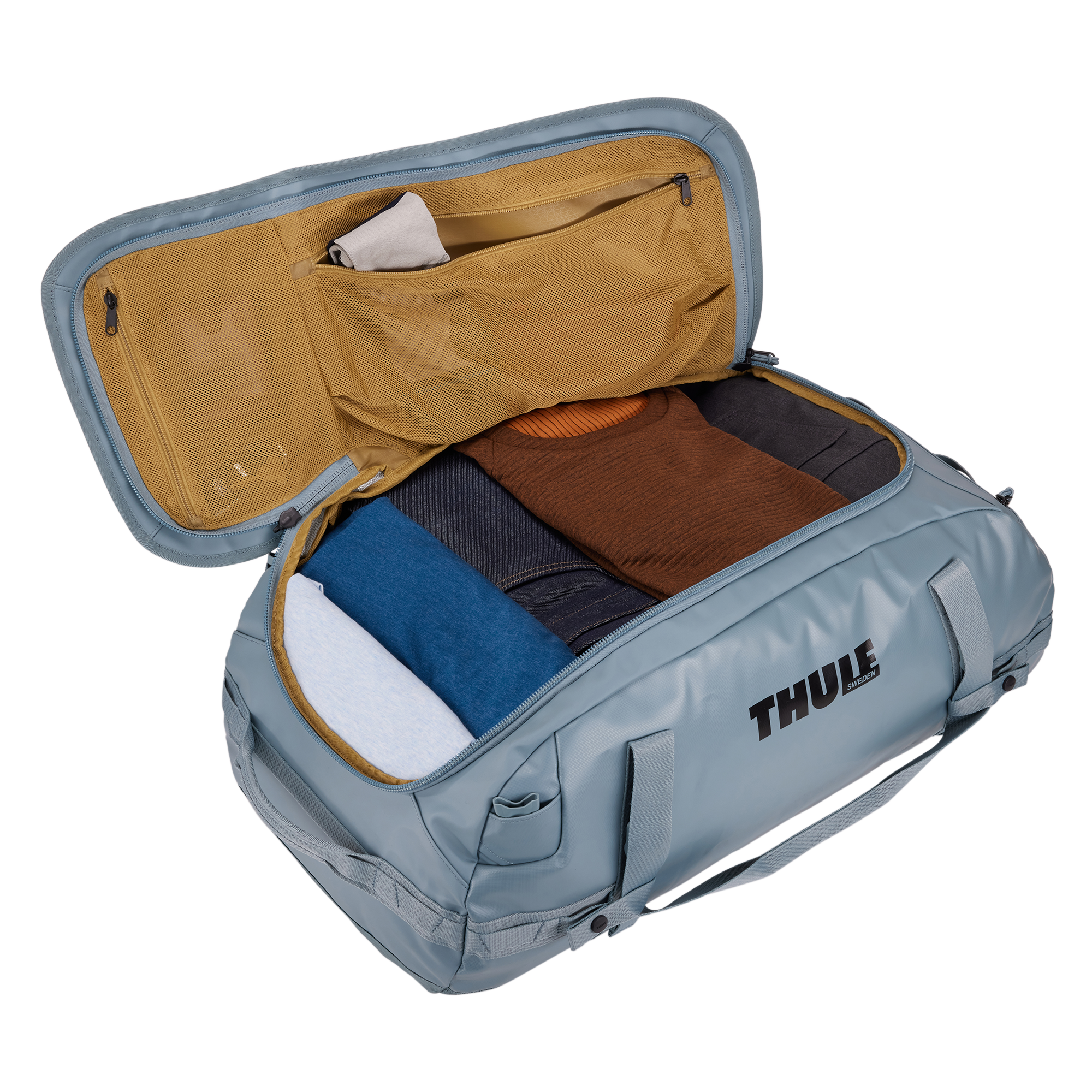 Thule Chasm 70L Duffel in Pond Gray — interior view # color_Pond Gray