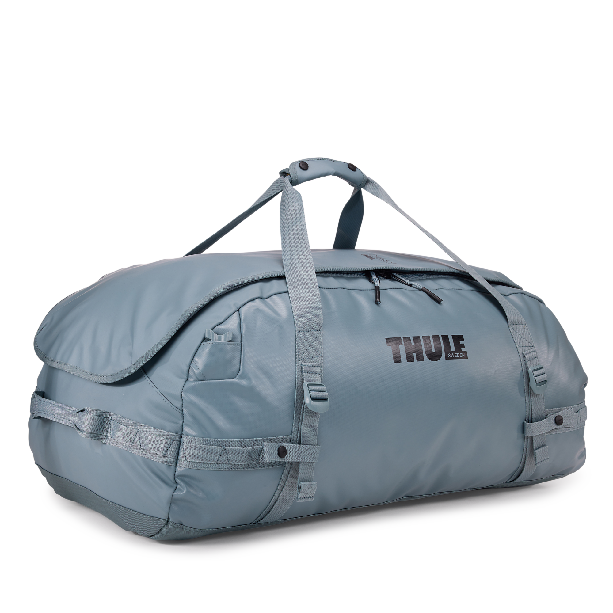 Thule Chasm 90L Duffel in Pond Gray — angle view 2 # color_Pond Gray