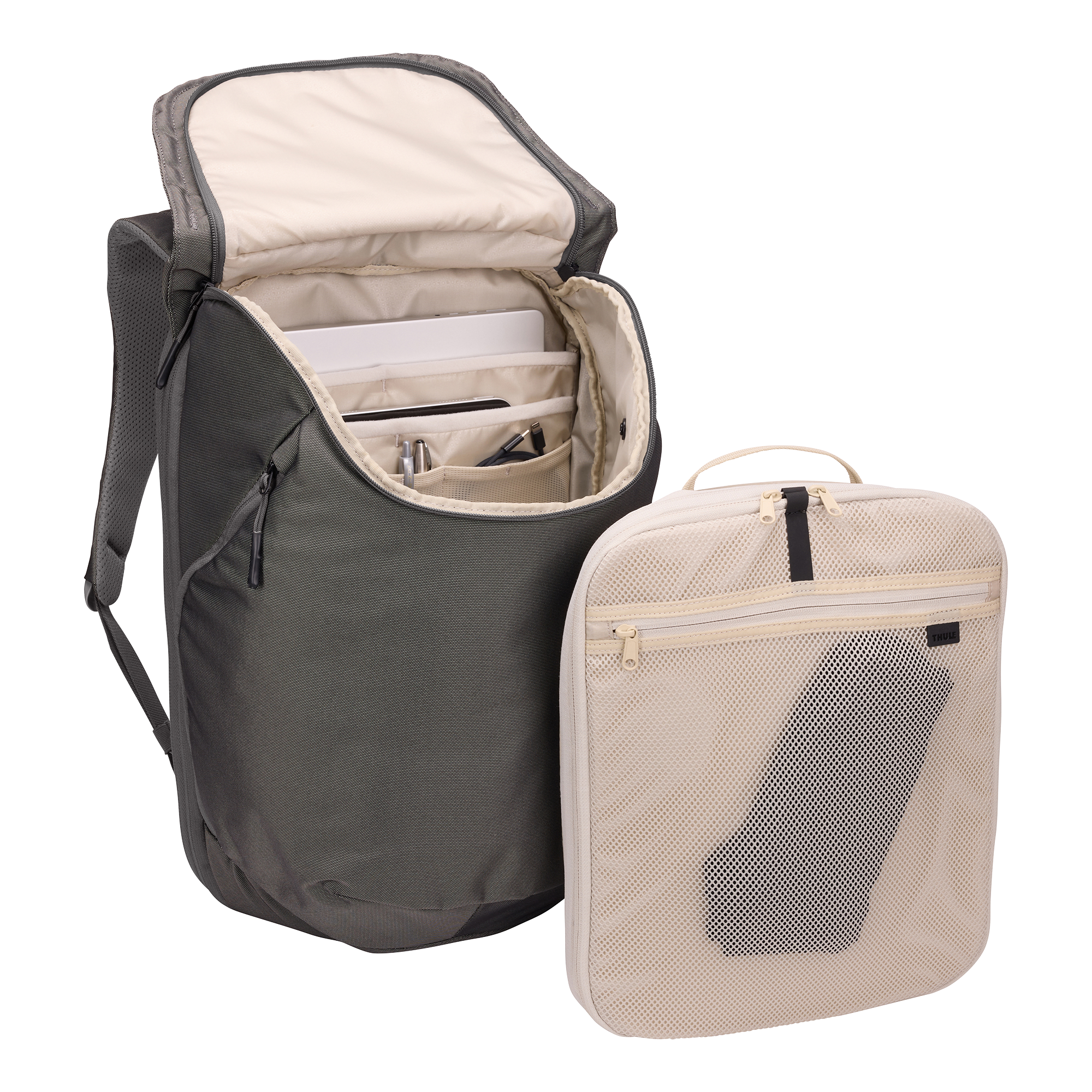 Thule Subterra Travel Backpack 26L in Vetiver Gray — interior view # color_Vetiver Gray