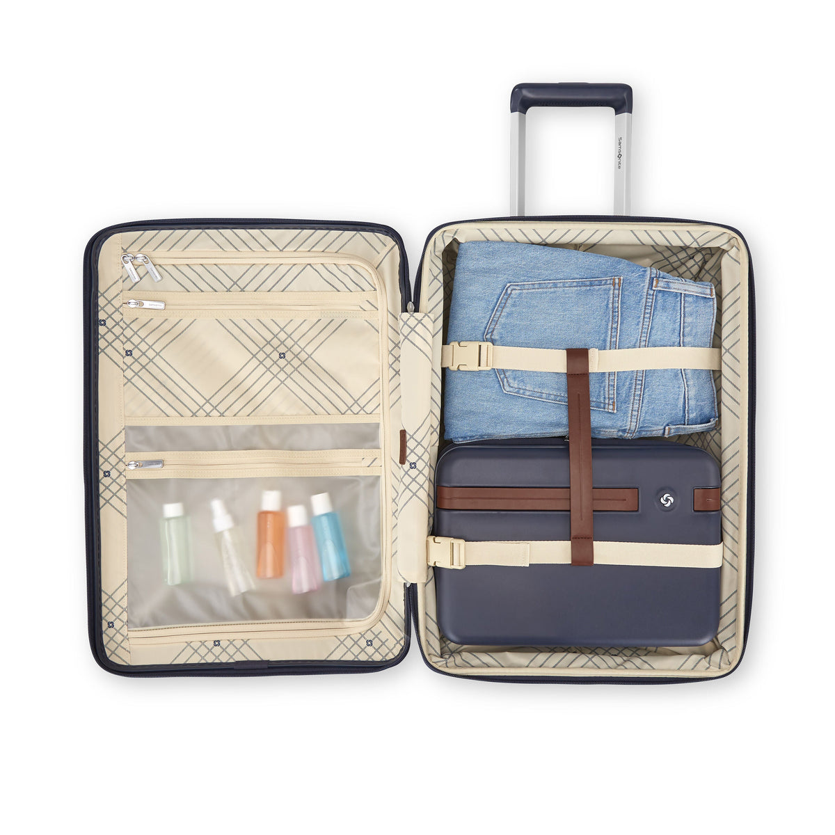 Samsonite Virtuosa Carry On Spinner Luggage in Navy — interior view 3