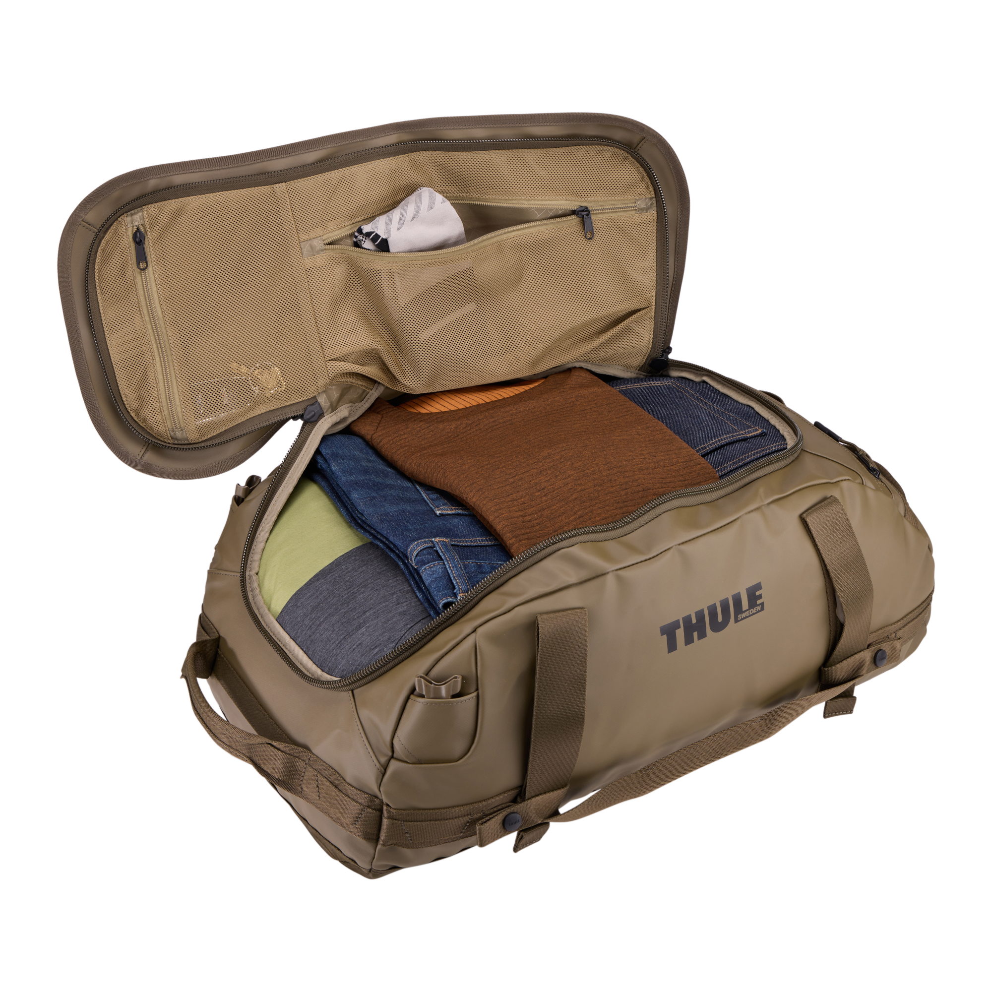 Thule Chasm 40L Duffel in Deep Khaki — interior view # color_Deep Khaki