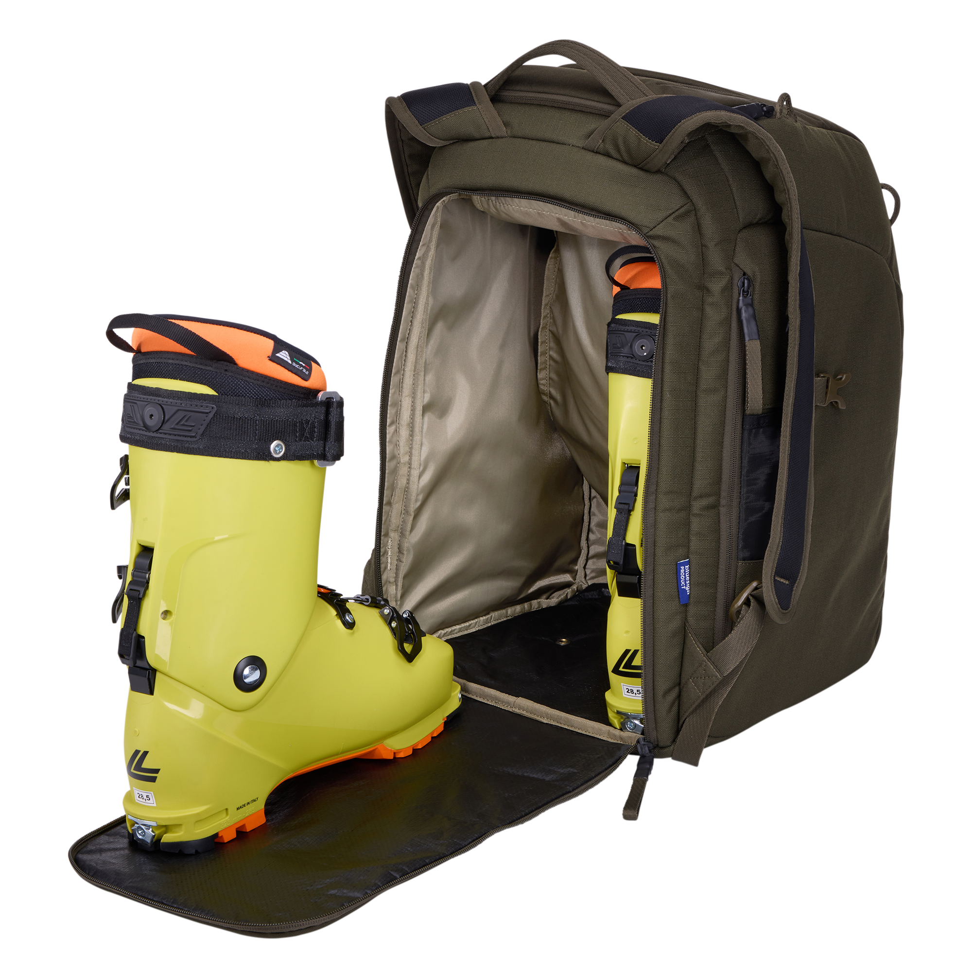 Thule RoundTrip Boot Backpack 45L in Deep Khaki — interior view # color_Deep Khaki