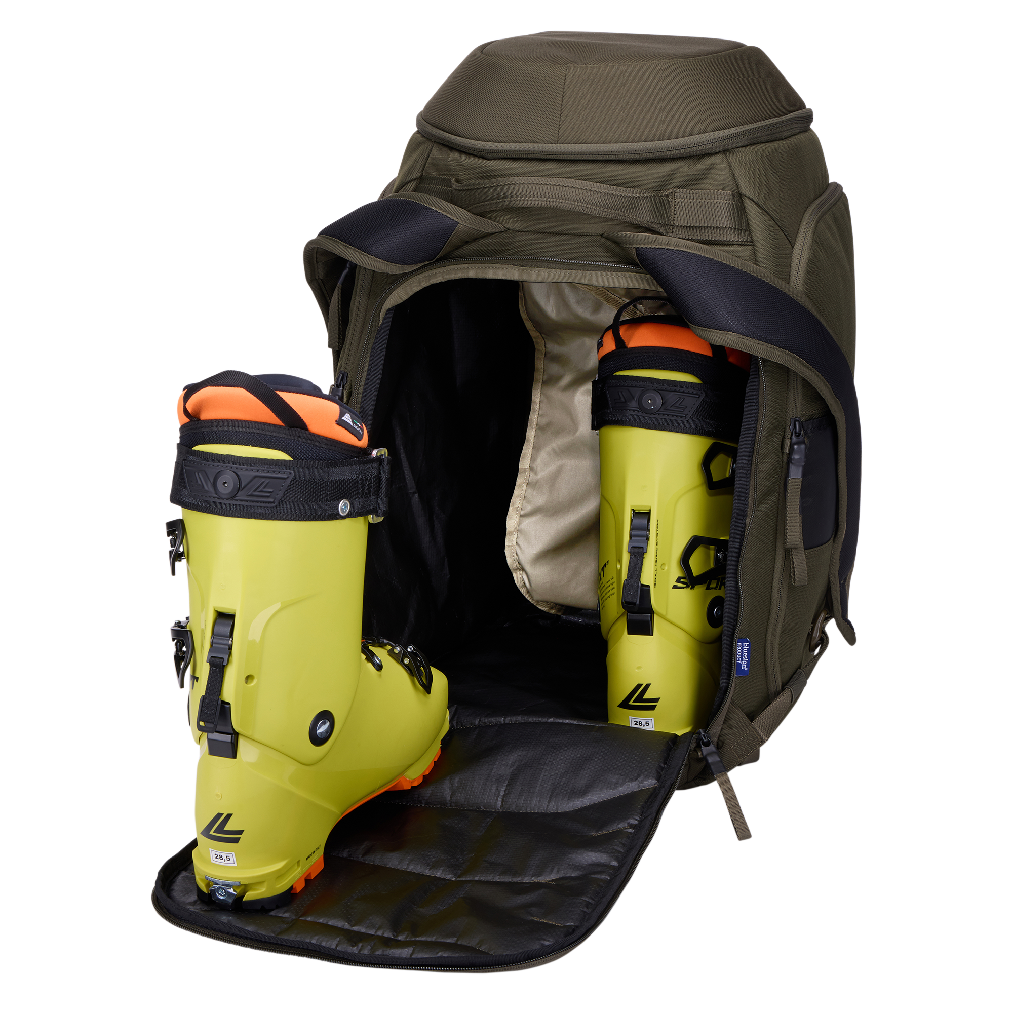Thule RoundTrip Boot Backpack 60L in Deep Khaki — interior view # color_Deep Khaki