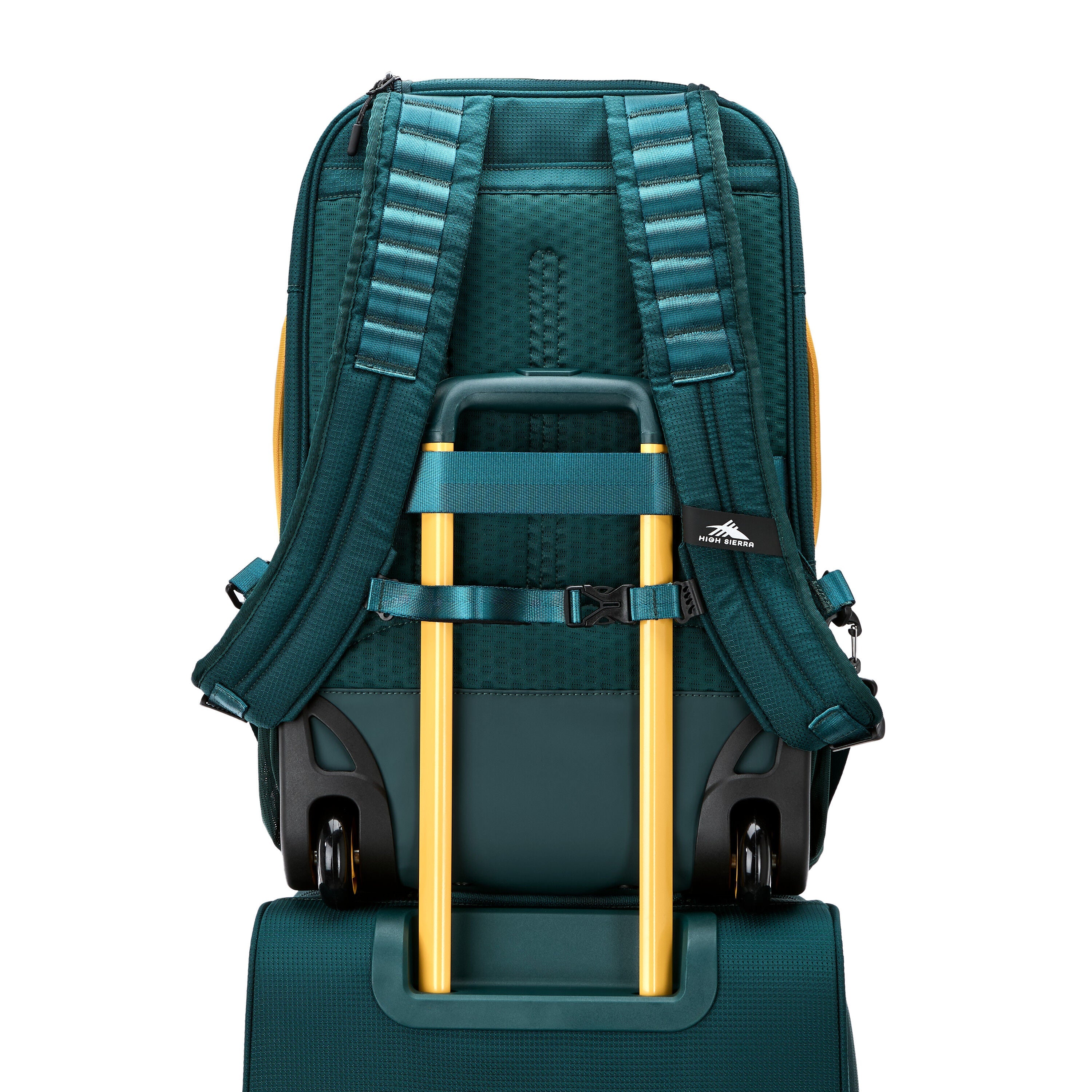 High Sierra Hi-Life 3-in-1 Convertible Wheeled Backpack in Green Yellow — angle view 3