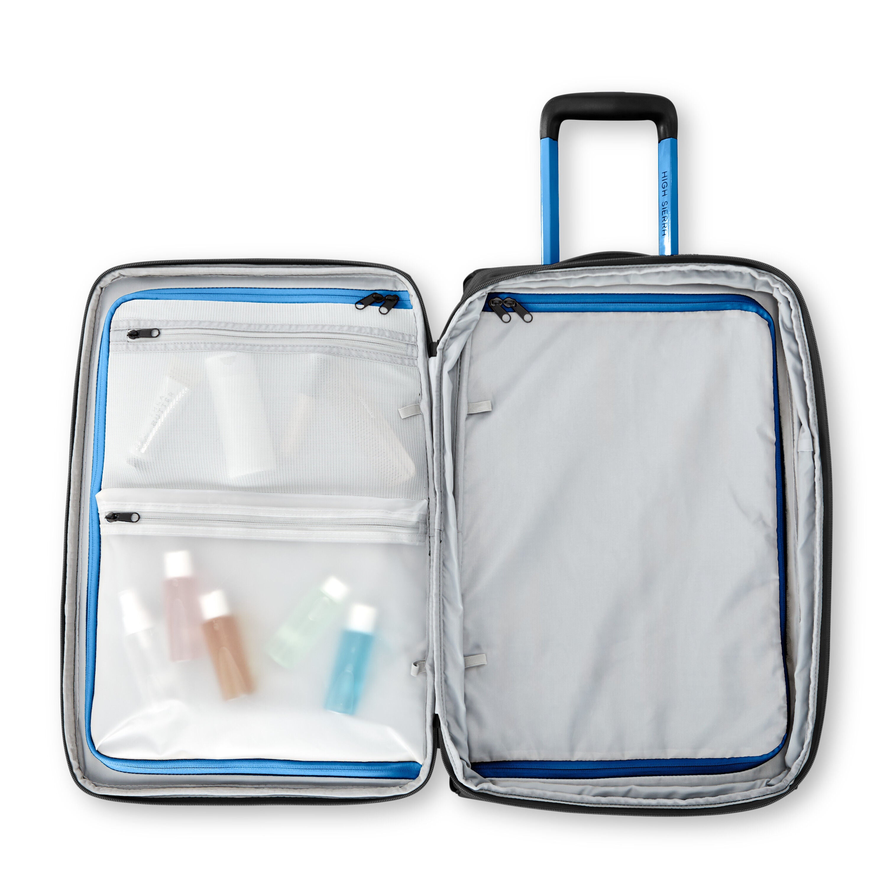 High Sierra Hi-Life Carry-On Wheeled Duffel in Black Blue — interior view
