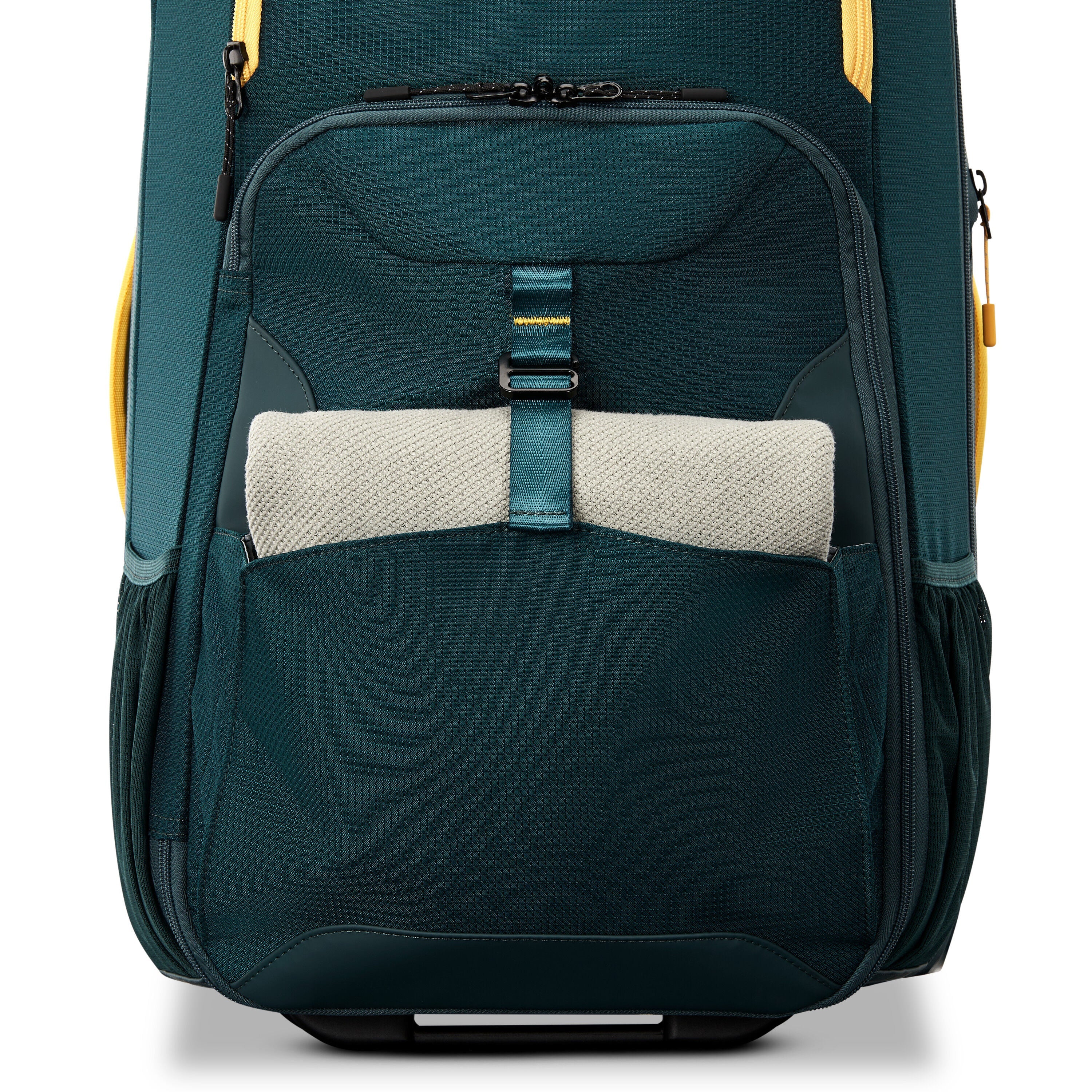 High Sierra Hi-Life Carry-On Wheeled Duffel in Green Yellow — angle view 2