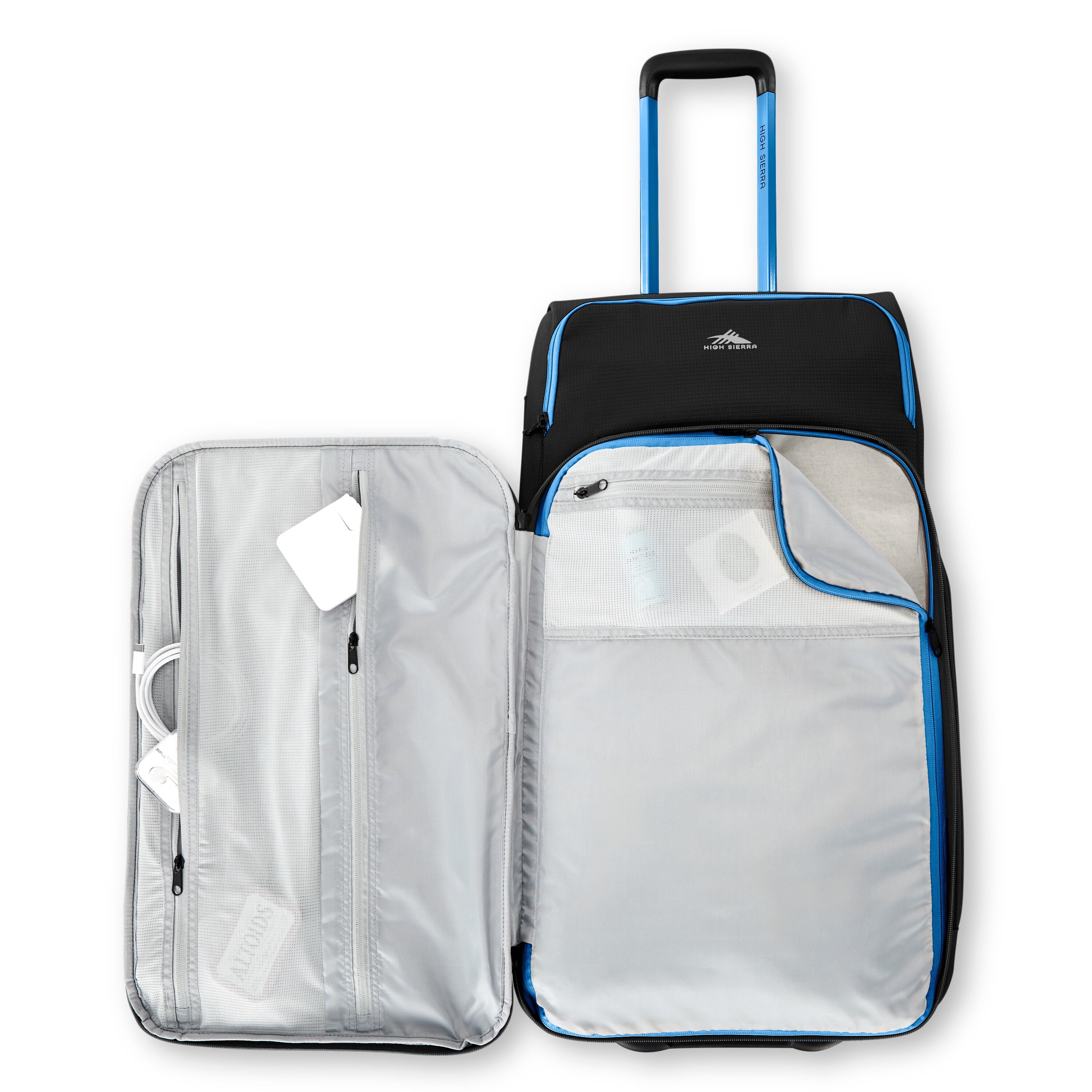 High Sierra Hi-Life Medium Wheeled Duffel in Black Blue — angle view 1