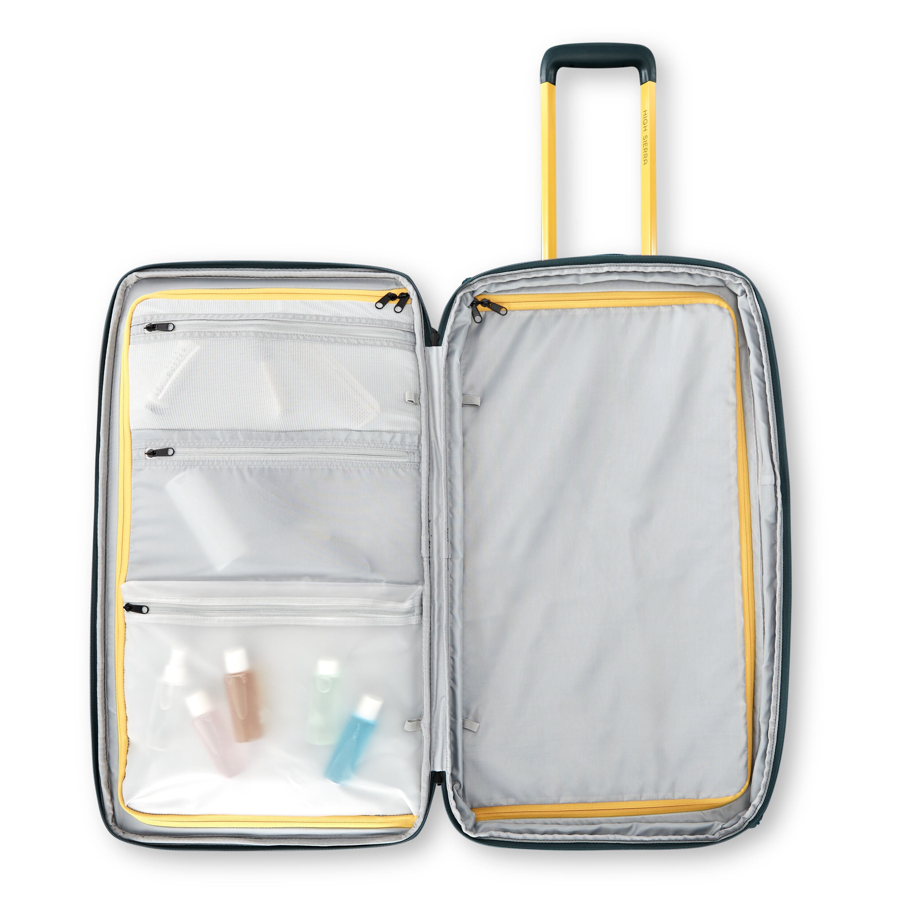 High Sierra Hi-Life Medium Wheeled Duffel in Green Yellow — interior view