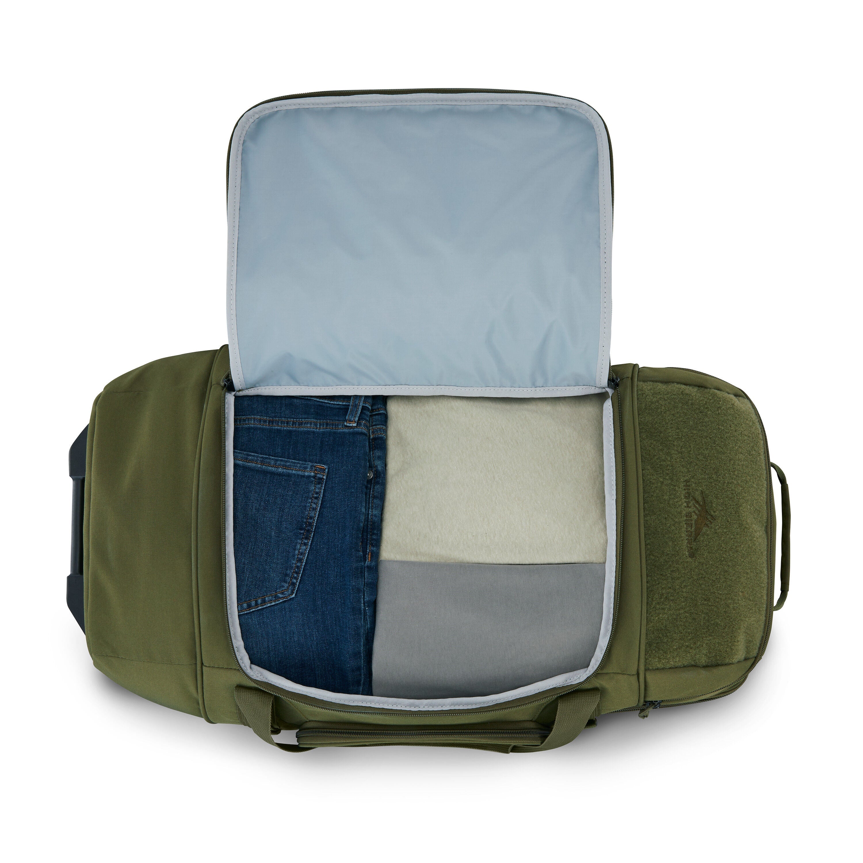 High Sierra Pathsetter Medium Wheeled Duffel in Moss — interior view