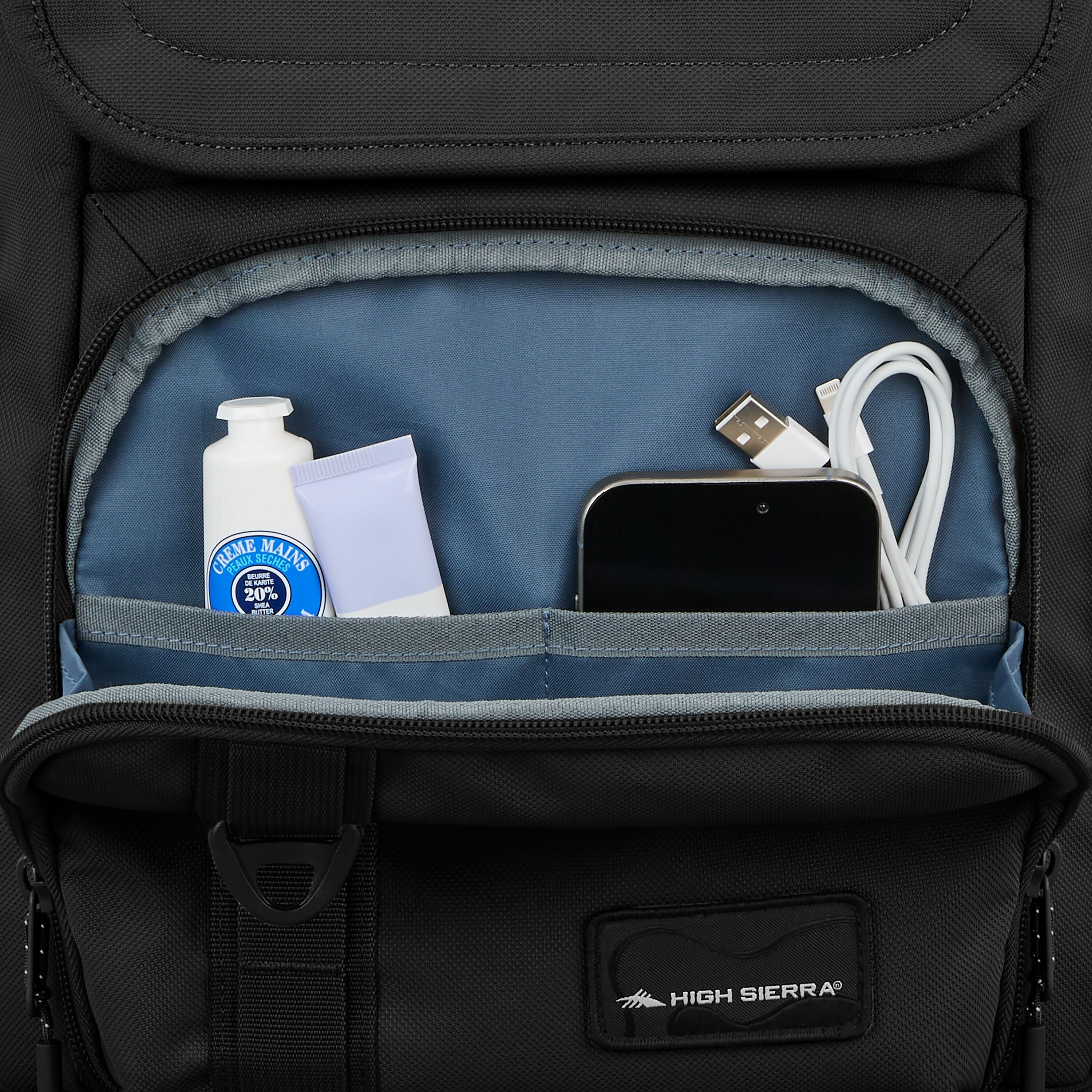 High Sierra Lineage Flap Backpack in Black — angle view 1