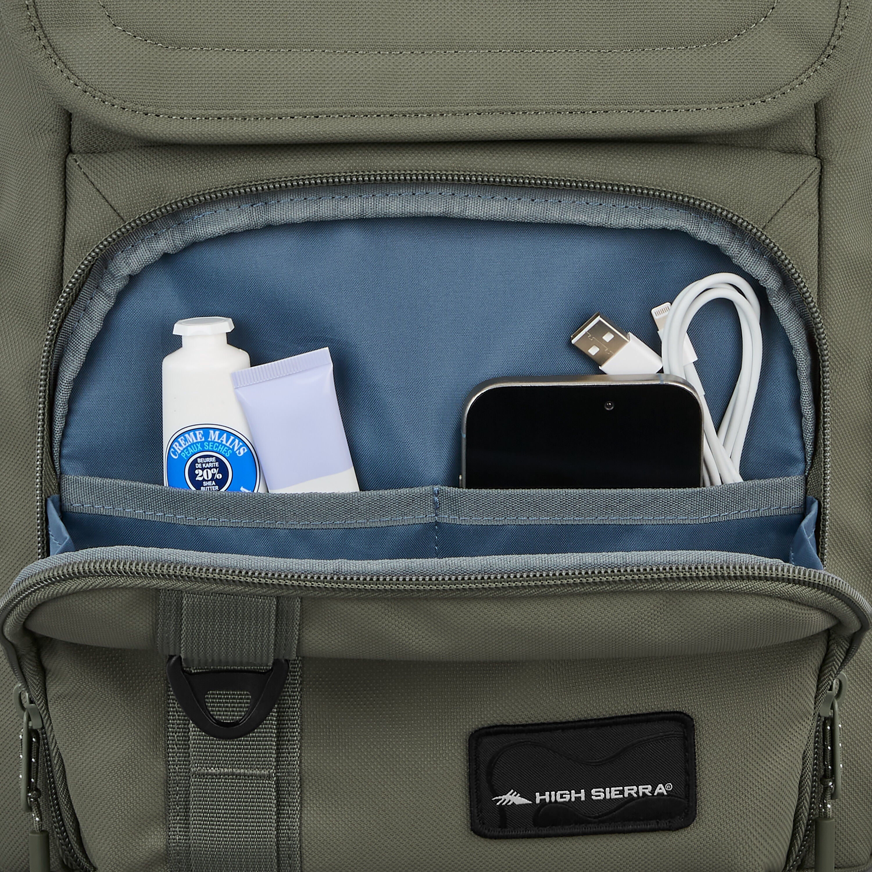 High Sierra Lineage Flap Backpack in Olive — angle view 1