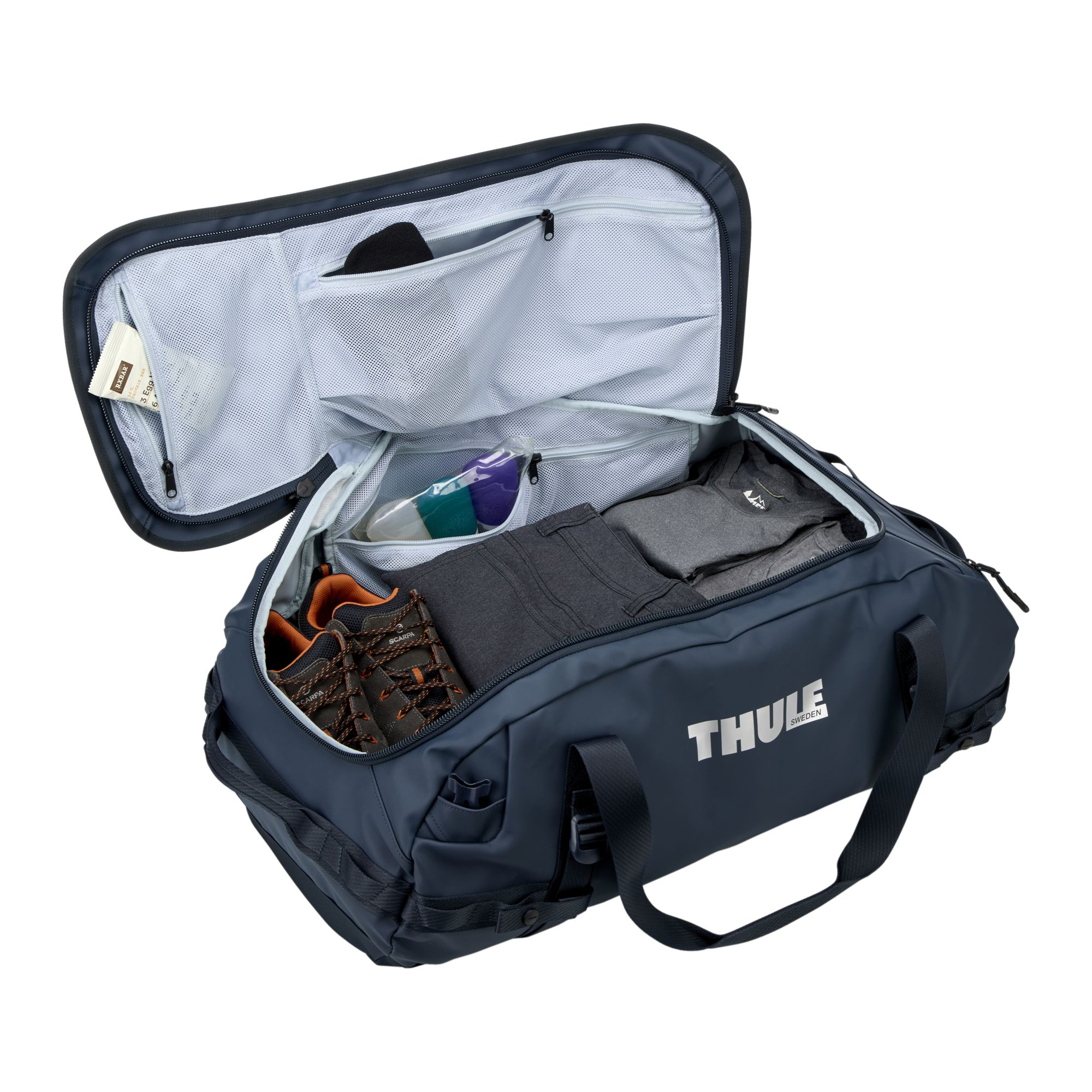 Thule Chasm 70L Duffel in Darkest Blue — interior view # color_Darkest Blue