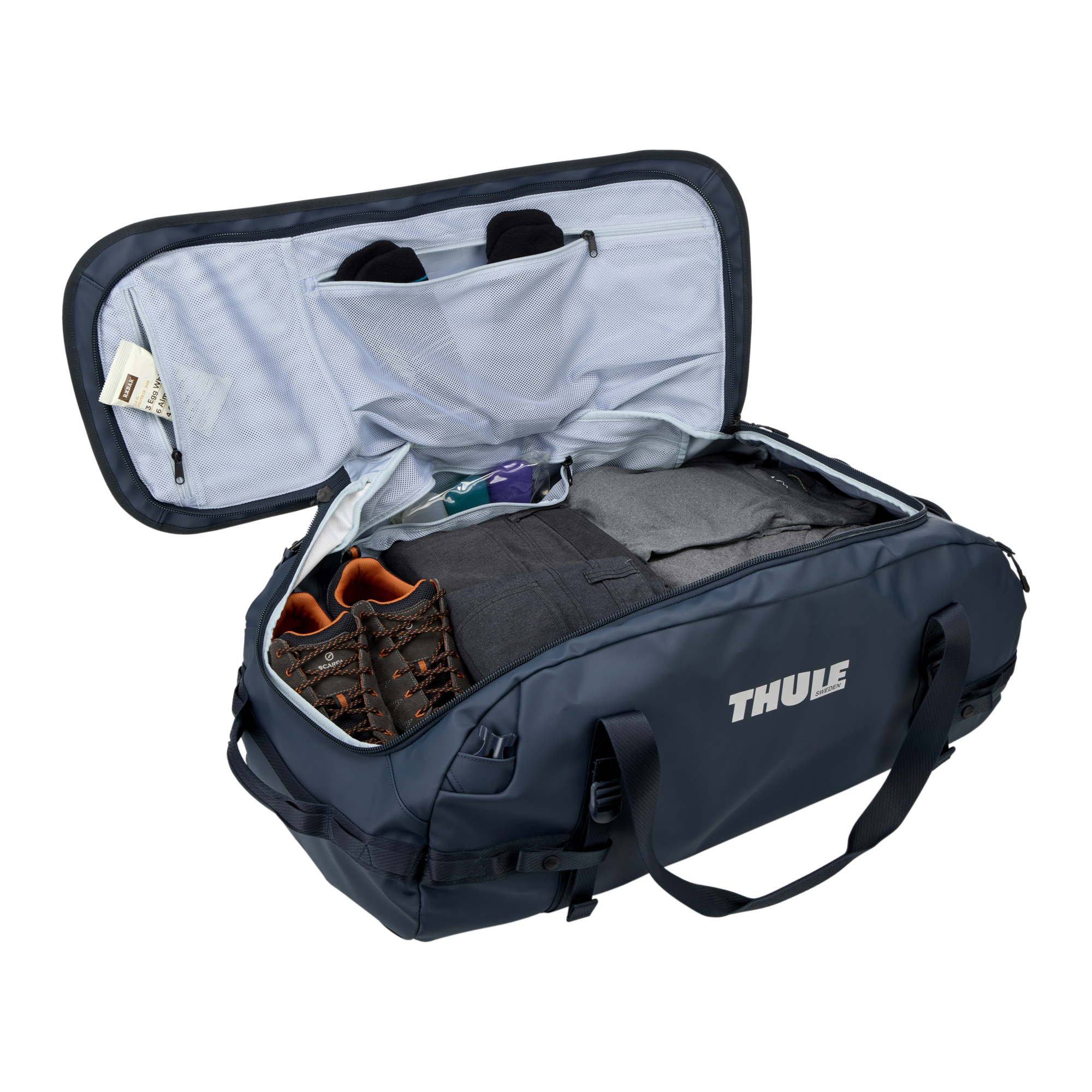 Thule Chasm 90L Duffel in Darkest Blue — interior view # color_Darkest Blue